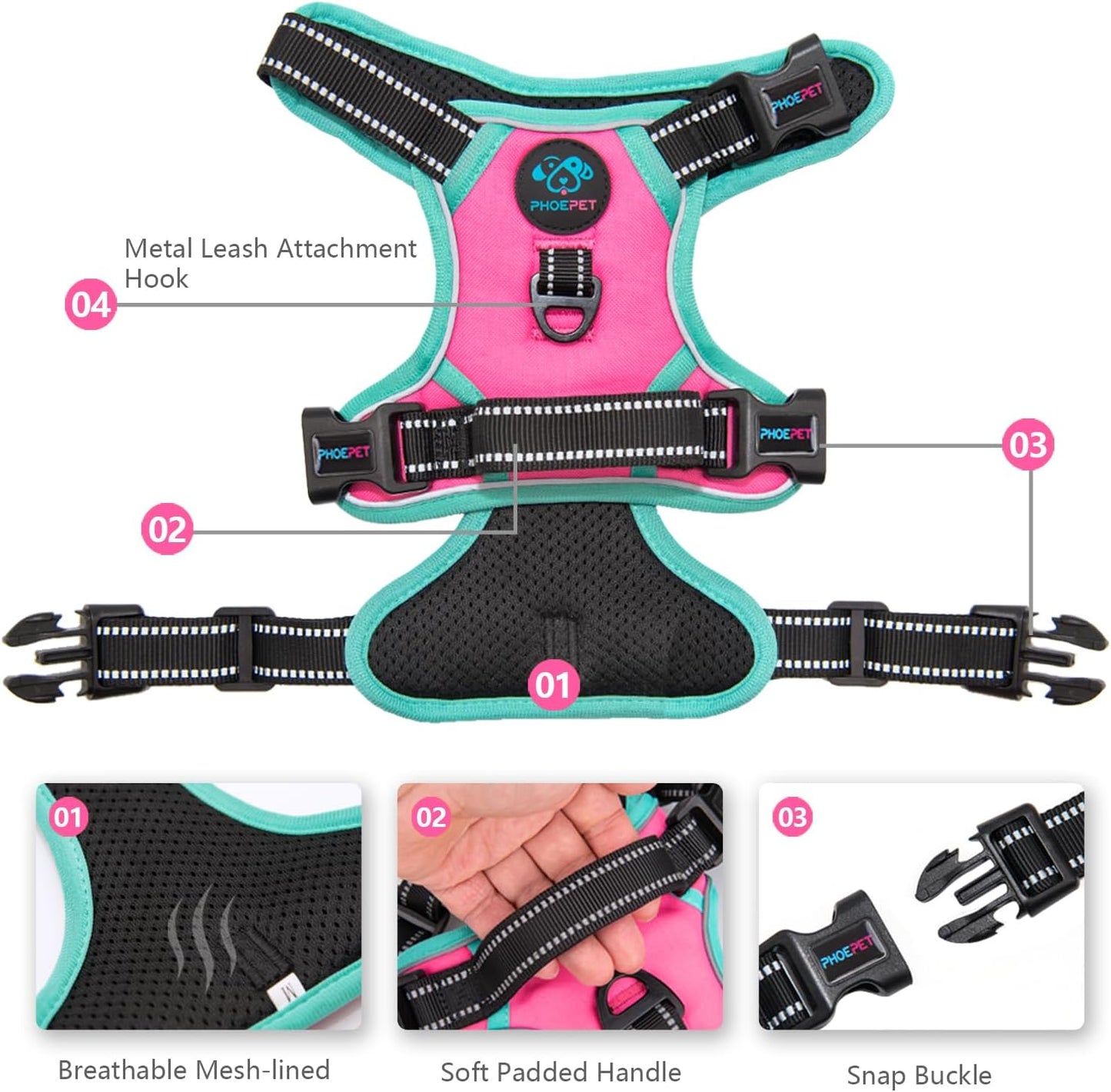 PHOEPET 2019 Reflective Dog Harness Large Breed (XL, Pink)