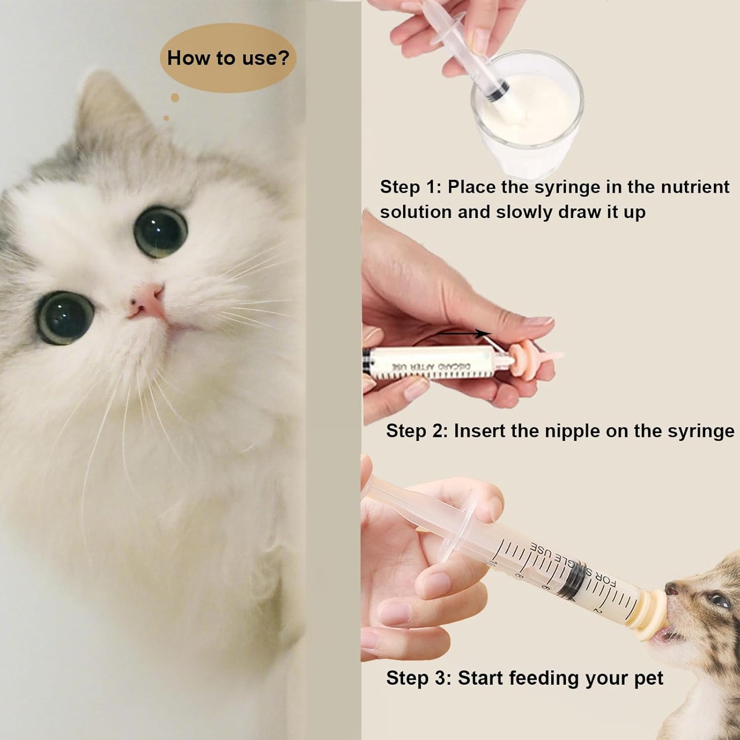 Pet Feeder Syringe, Newborn Animal Feeder Syringe Pet Feeding Nursing Syringe Silicone Feeding Pacifier,Pet Feeding Nipple for Kitten and Puppy (2x10ml Feeder &1S+1M+2L Nipples)