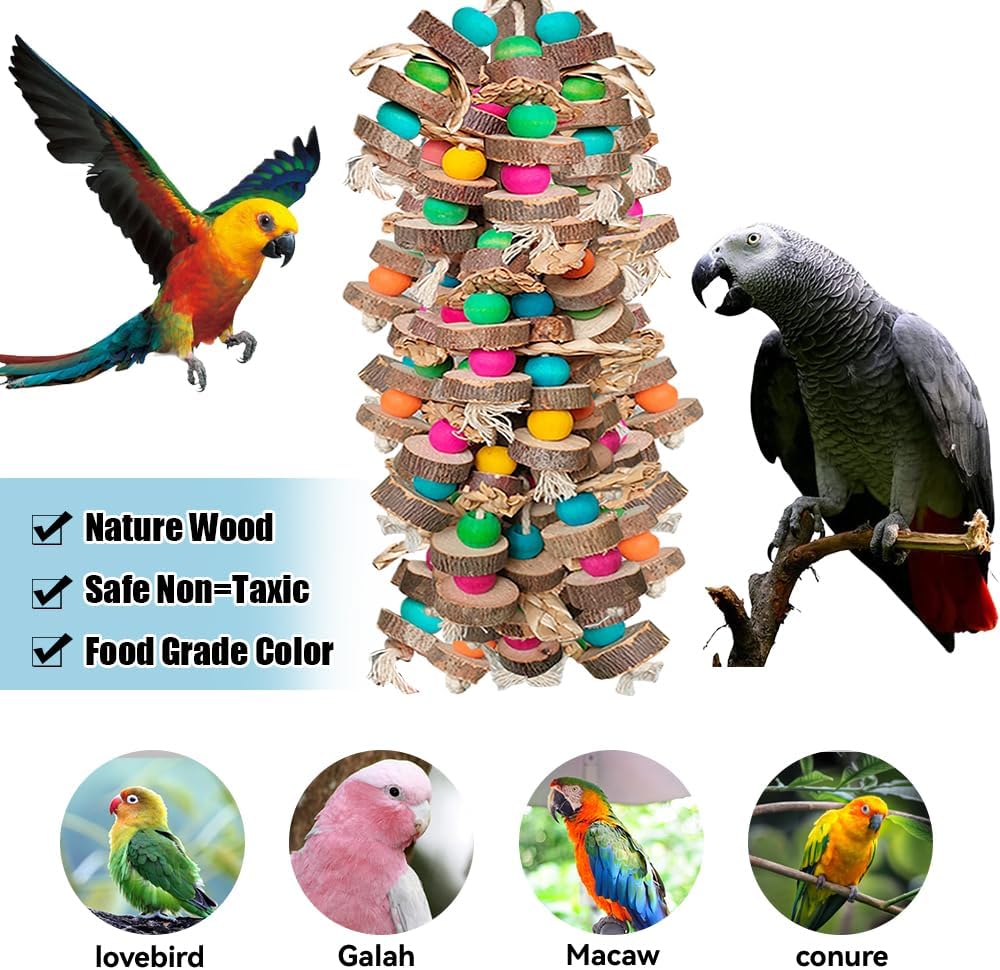 Large Bird Toys for Macaws, Multicolored Wooden Blocks Bird Chewing Toy Parrot Cage Bite Toy for Macaws Cokatoos African Grey and Large Medium Parrot Birds