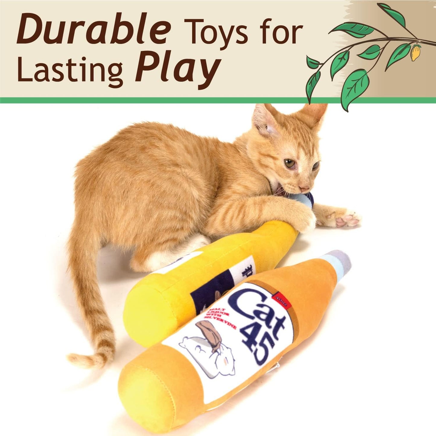 KittiForti 2-Pack Organic Silvervine Catnip Substitute Toys for Cats & Kittens | 100% All-Natural Wild Harvested Silvervine | 2 Refillable Beer Bottle Kicker Cat Toys