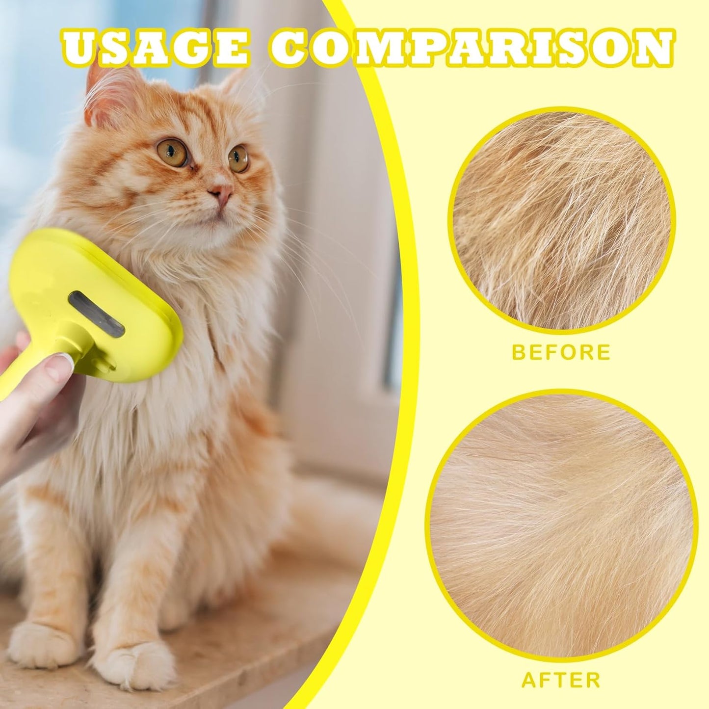 Cat Brush for Shedding - Pet Hair Removal Comb with Water Tank, Steam Brush, Cat Bath Brush, Dog Brush - Yellow