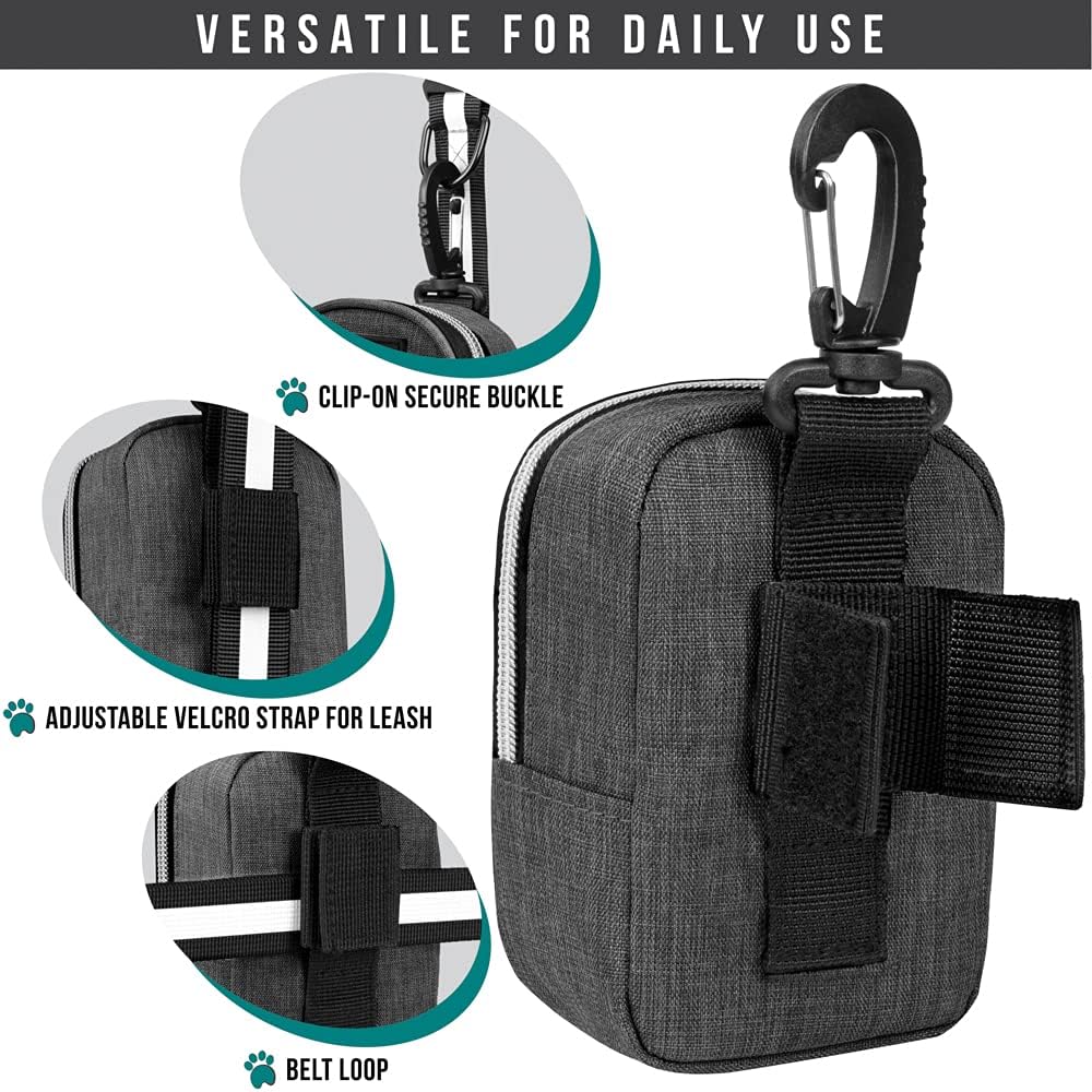 PetAmi Dog Poop Bag Holder for Leash, Dog Pet Waste Bag Dispenser For Poop With Clip, Doggy Puppy Walking Accessories Travel Camping, Dog Treat Pouch Supplies Must Have With Dog Bag Roll, Dark Gray