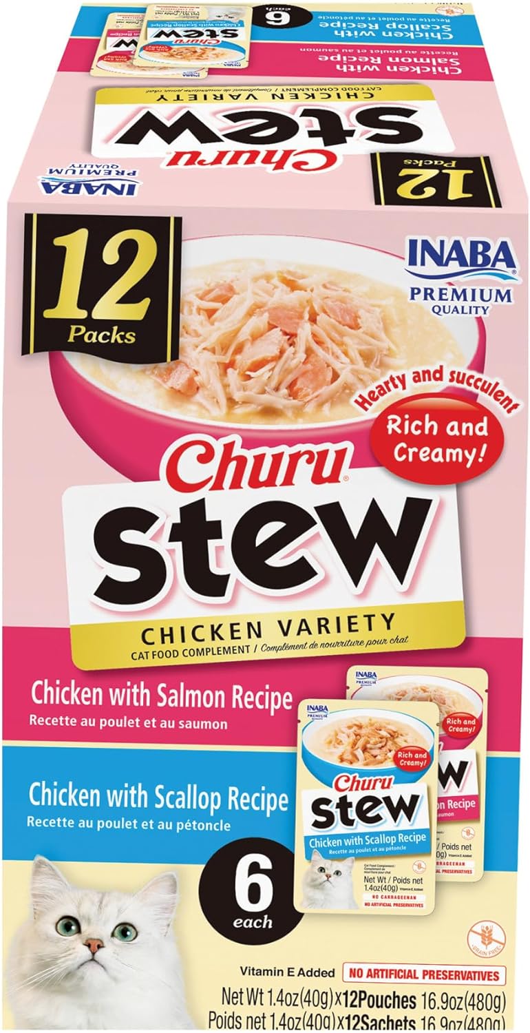 INABA Churu Stew for Cats, Side Dish Pouch with Vitamin E, 1.4 Ounces per Pouch, 12 Pouches, Chicken Variety