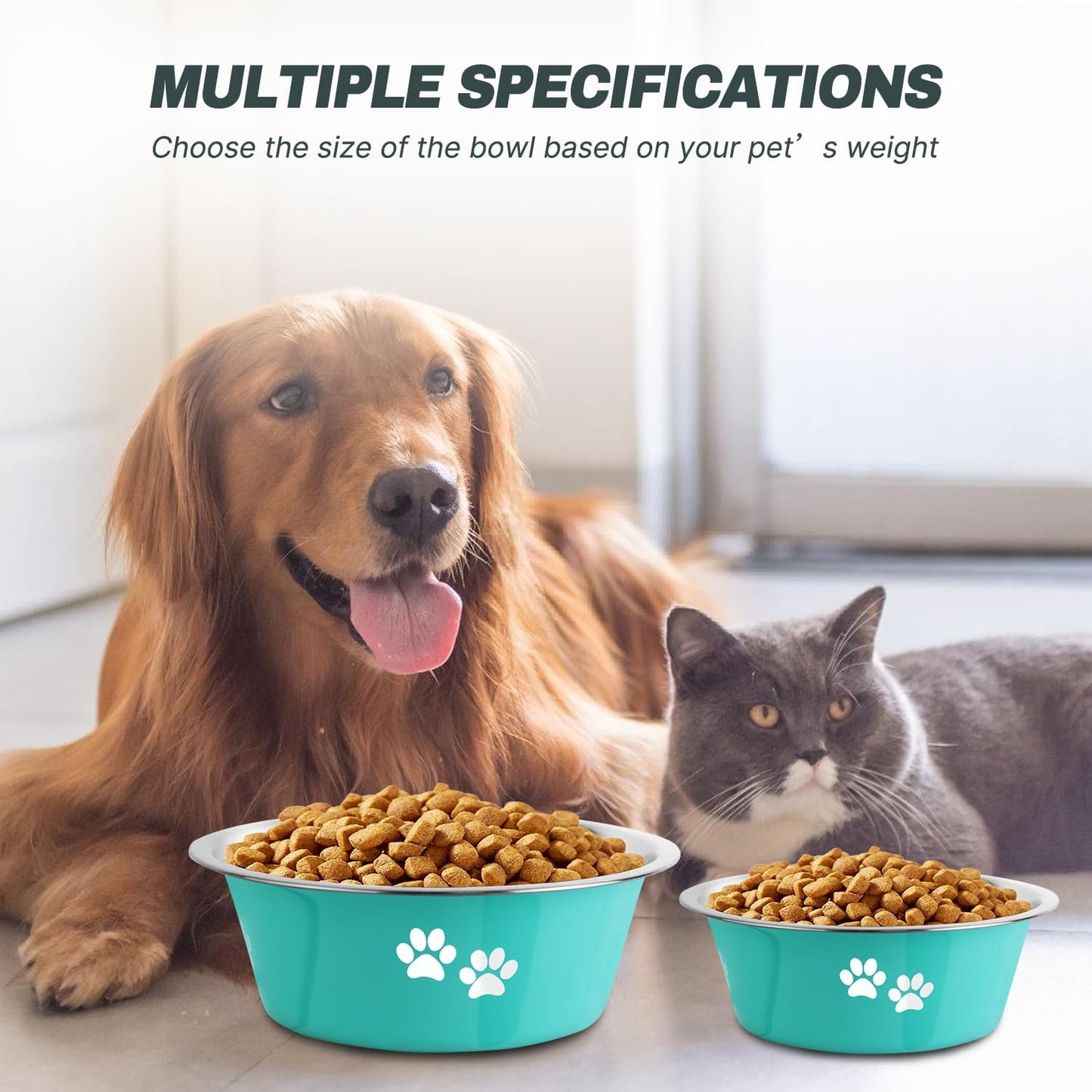 Stainless Steel Dog Bowls, Nonslip Rubber Bottom No Spill Proof Skid Metal Insulated Dog Bowls for Large Medium Small Breed Dogs (Green, 8.5 Cups/71 OZ)