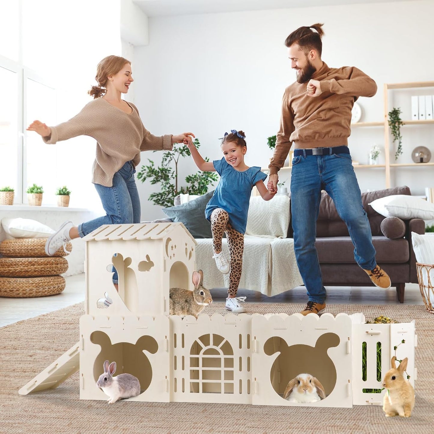 Extra Large Rabbit House, Wooden Bunny House Hideout with 4 Houses and Hay Feeder Indoor, Rabbit Guinea Pig Hideout Multistory Climbing Tower Sturdy Wooden Castle, Small Animal Hideaway Tunnel