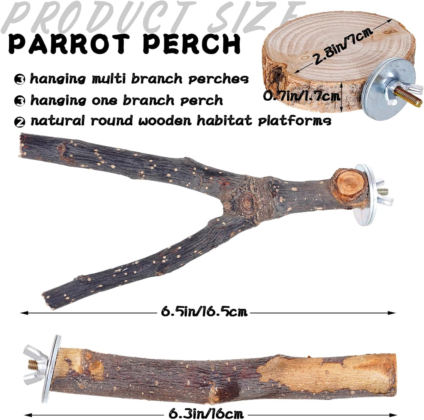 Libiline 8 Pieces Bird Perch Natural Wooden Parrot Perch Stand Fork Toys Hanging Multi-Branch Perches Platform Hammock Swing Toy for Macaws, Small Parakeets, Conures, Budgies, Finches (A-Color, Mix)