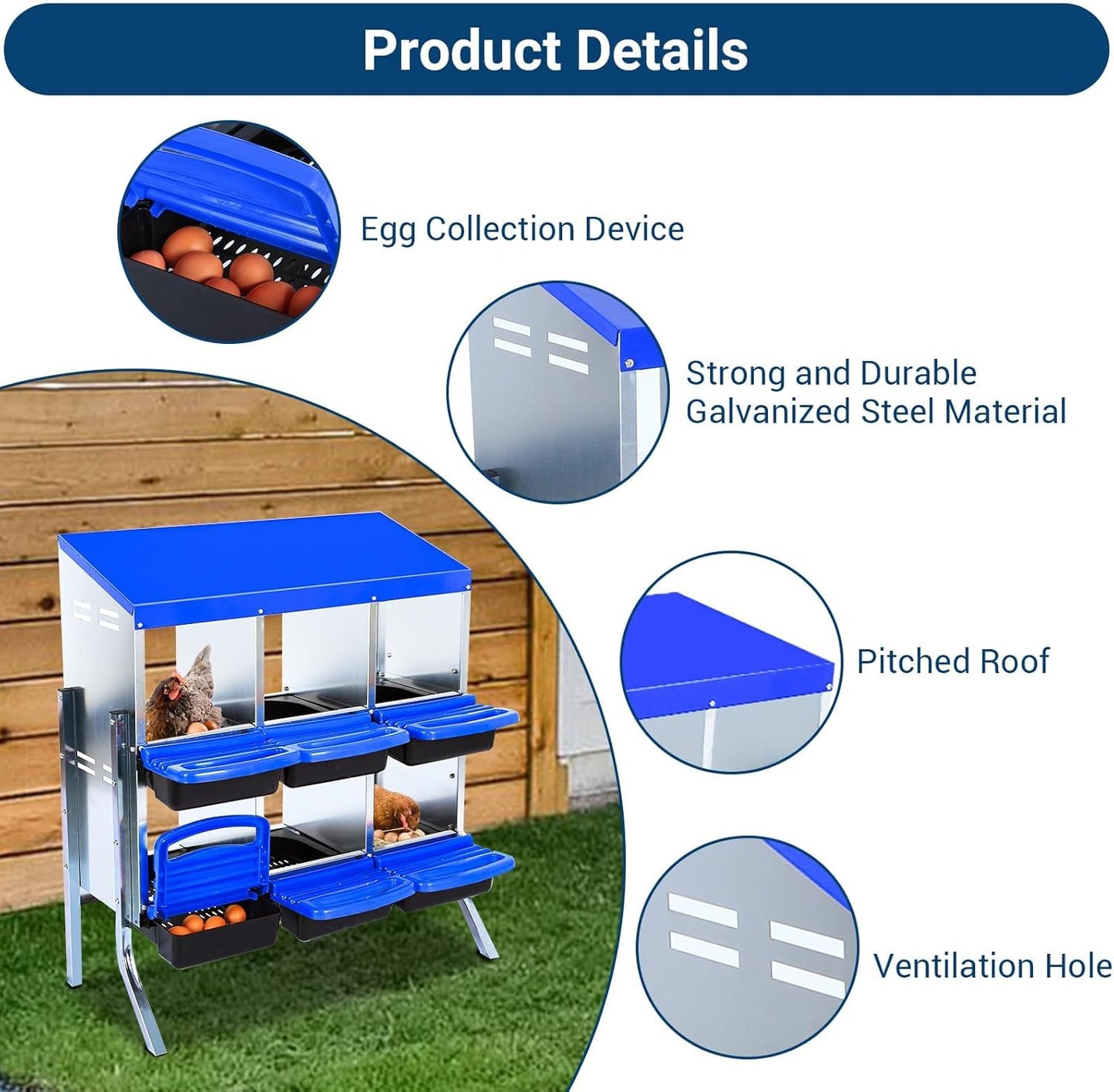 Chicken Nesting Box, 6 Hole 2 Layer Hen Nest Boxes with Legs, Roll Away Eggs Laying Boxes,Cleanable Pull Out Hen Roosting Boxes