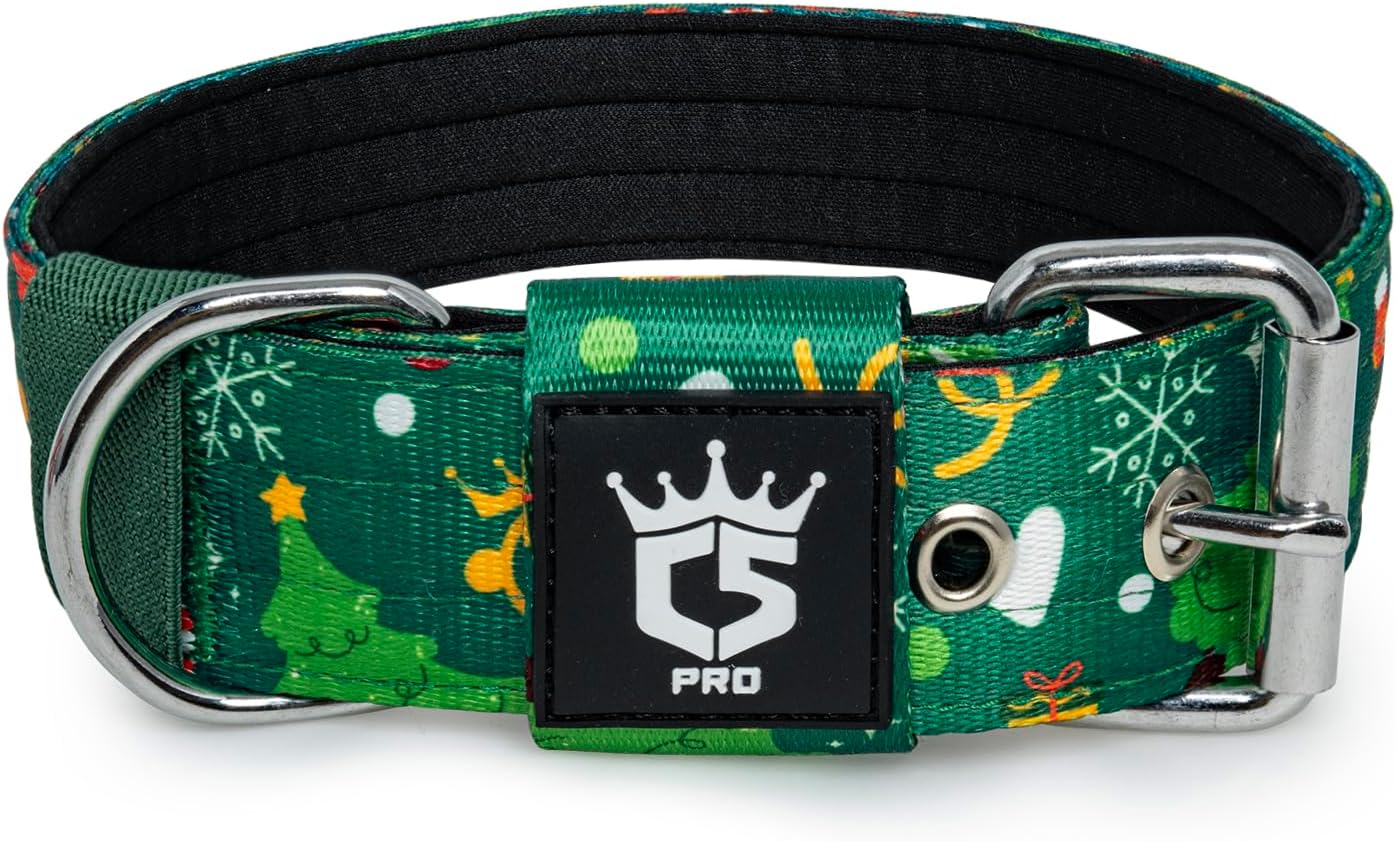 TSPRO Tactical Dog Collar 1.5 Inch Wide Thick Dog Collars with Heavy Duty Metal Buckle, Durable, Strong, Adjustable for Medium to Large Dogs (Christmas Green L)