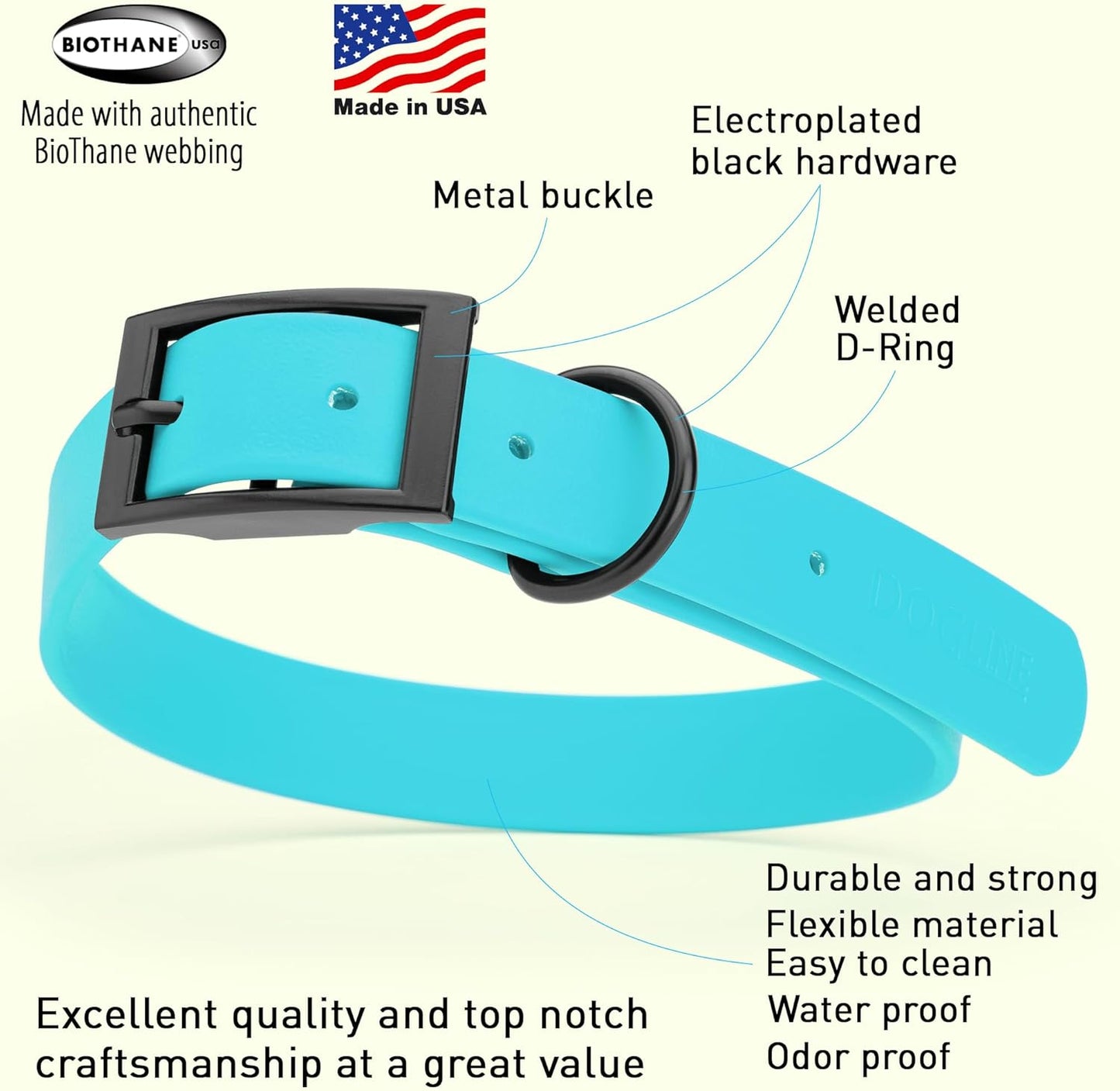 Dogline Biothane Waterproof Dog Collar Strong Coated Nylon Webbing with Black Hardware Odor- Proof for Easy Care Easy to Clean High Performance Fits Small Medium or Large Dogs, Sky Blue