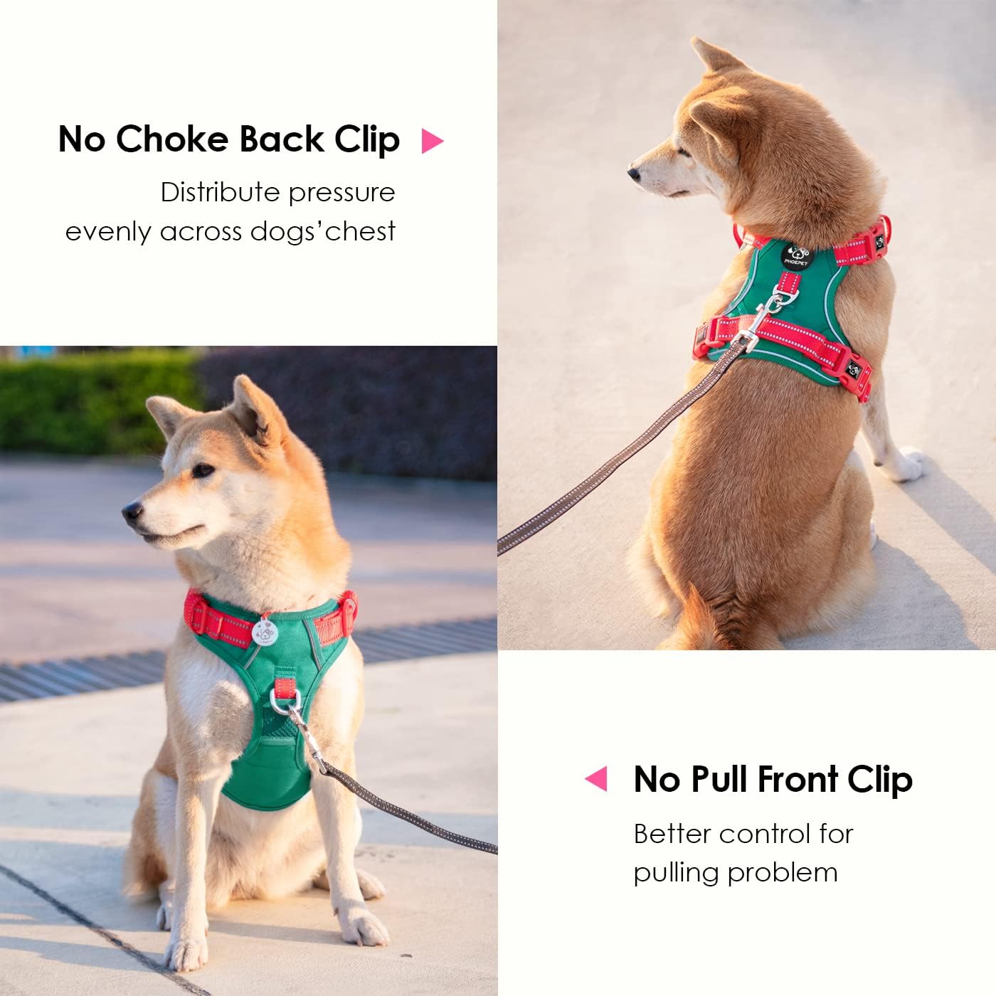 PHOEPET No Pull Dog Harness, Unique Colors Reflective Adjustable Dog Vest, with Soft Training Handle Metal Clips for Small Medium Large Dogs (Dark Green Base & Red Straps,M)