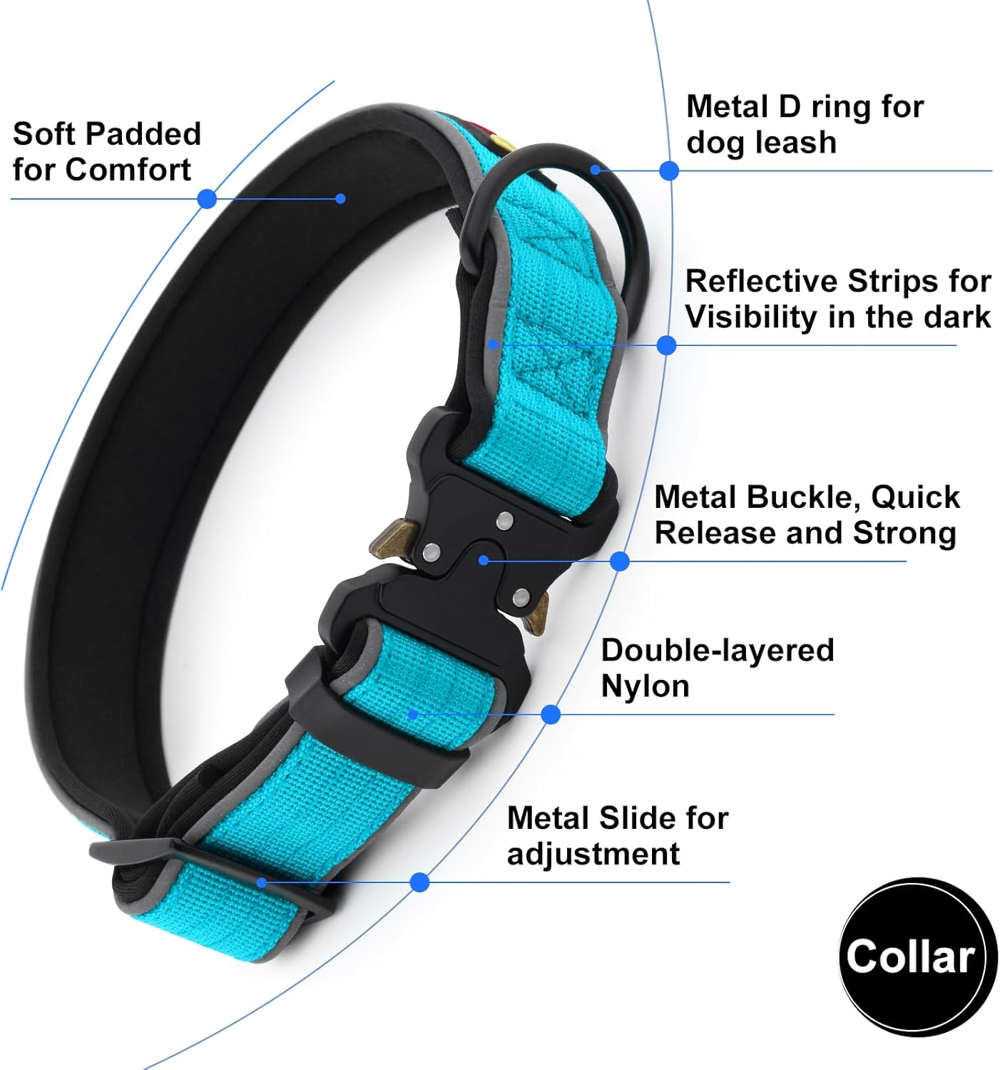 Plutus Pet Tactical Dog Collar, Reflective, Adjustable Heavy Duty Dog Collar, Soft Padded and Comfortable, for Small Medium and Large Dogs (Cyan, S)