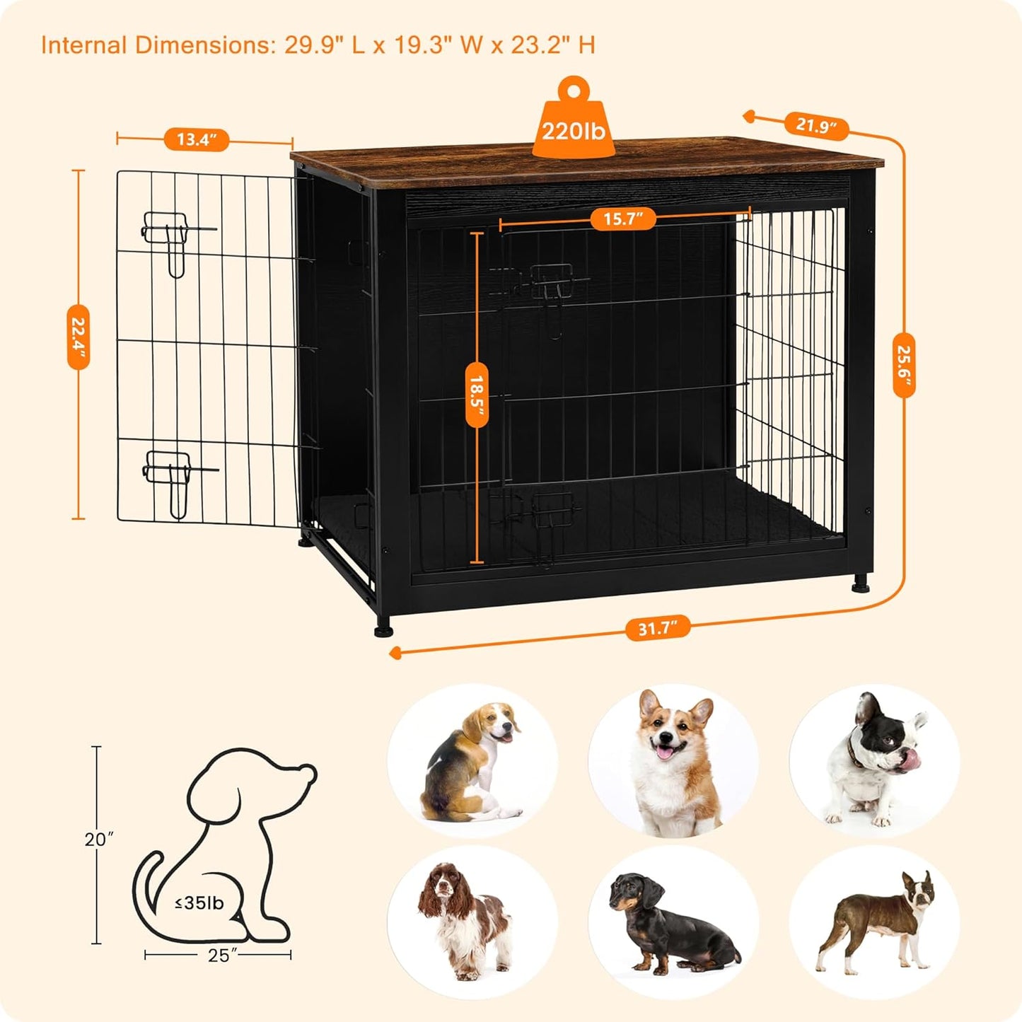 DWANTON Dog Crate Furniture with Cushion, Wooden Kennel Table with Double Doors, Indoor Dog House, Medium Size, 32.5" L, Black+Rustic Brown