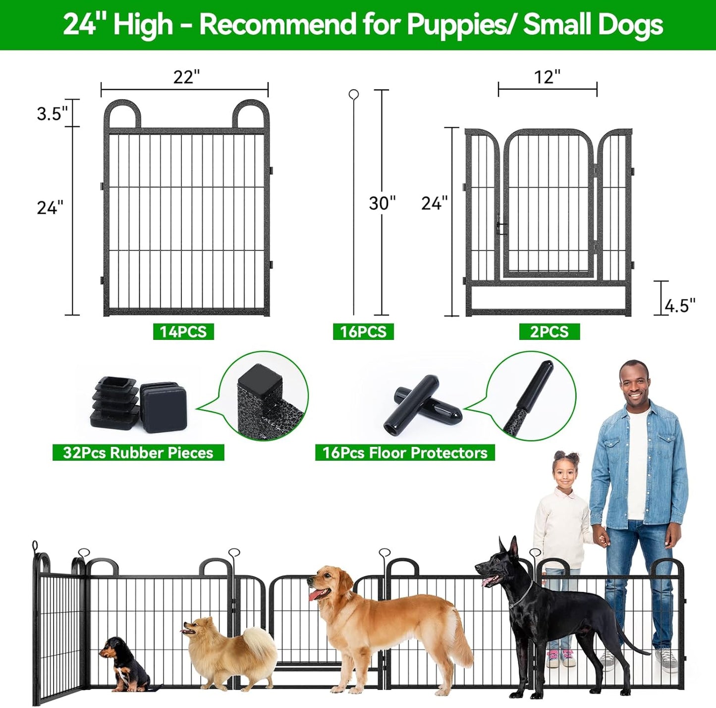 Puppy Playpen 16 Panels Small Dog Fence Outdoor Indoor Use 24" Height Anti-Rust with Doors Portable Dog Play Pen for RV Camping Yard, Total 29FT, 68 Sq.ft, Snowy Black