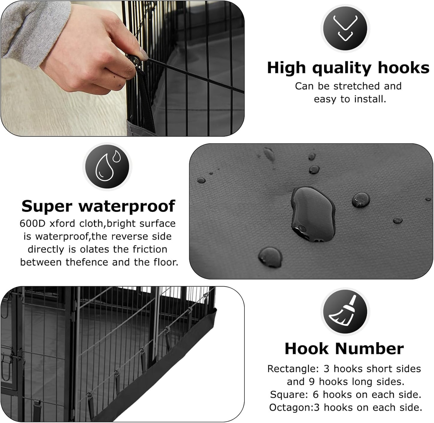 PJYuCien Rectangle Dog Playpen Bottom Pad - Fits 8 Panels 32"" Width Metal Dog Playpen -32""x96"" Size 600D Oxford Cloth Waterproof Playpen Bottom Pad (Note: Only Bottom Pad, No Playpen!!!), Black