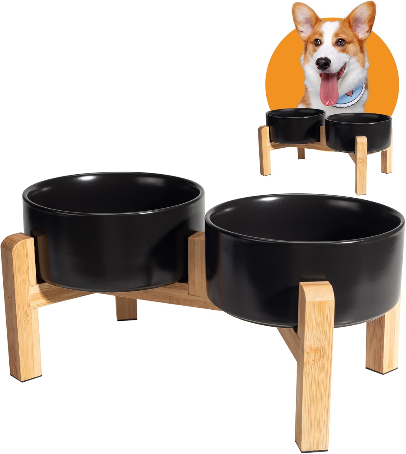 Elevated Ceramic Dog Bowl Set - Raised Dog Bowls with Non-Slip Bamboo Stand - Dog Food and Water Bowl Set - Double Dog Feeding Bowls - Suitable for Small and Medium Dogs - 28.74 OZ - 3.6 CUPS - 850 ML