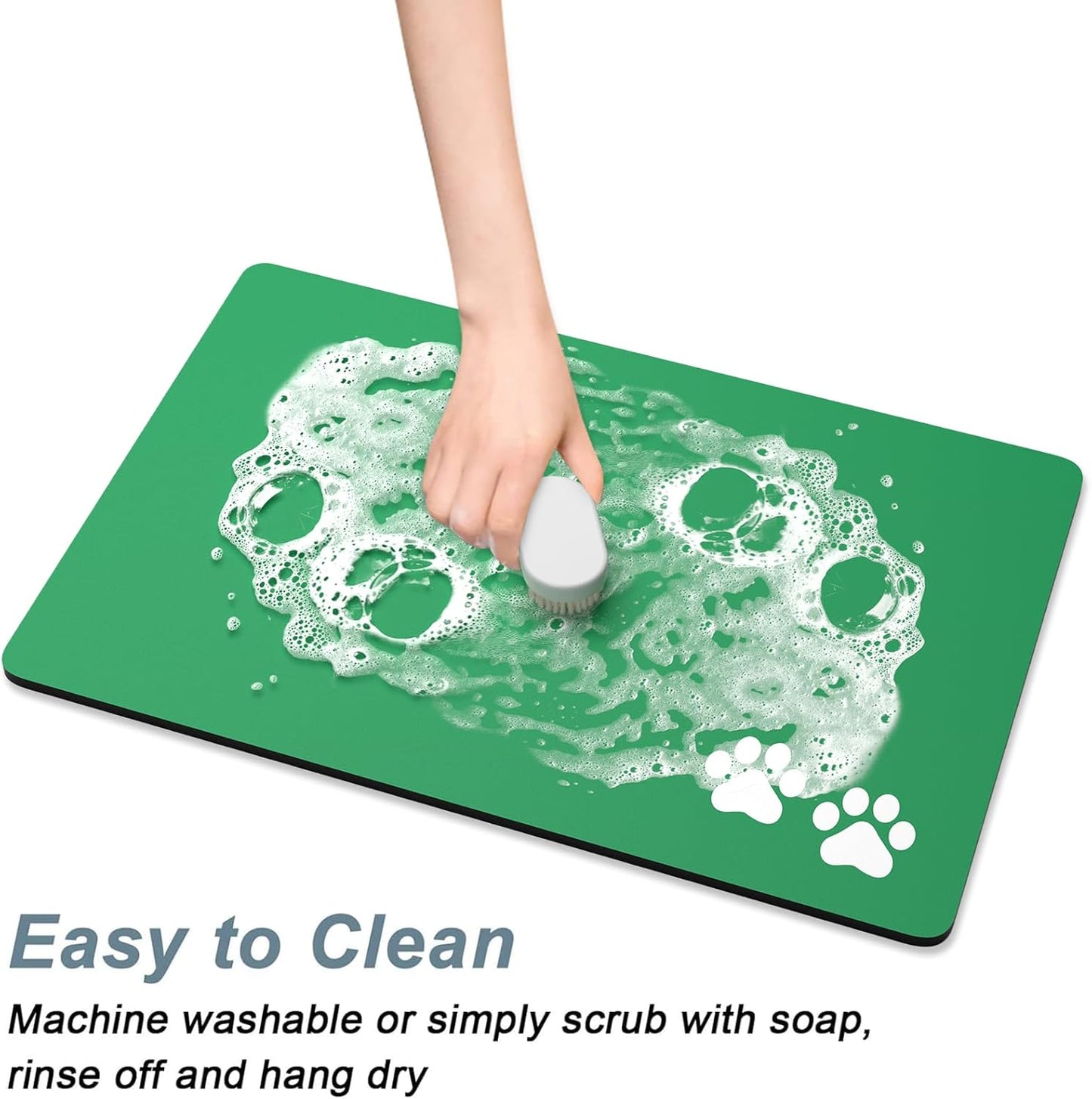 Rnivvi Dog Food Mat, 12" x 19" Footprint Absorbent Dog Cat Bowl Mat for Food and Water, Cute Anti-Slip Rubber Pet Feeding Rug Protect Floors, Puppy Placemat for Feeding & Watering Supplies, Green