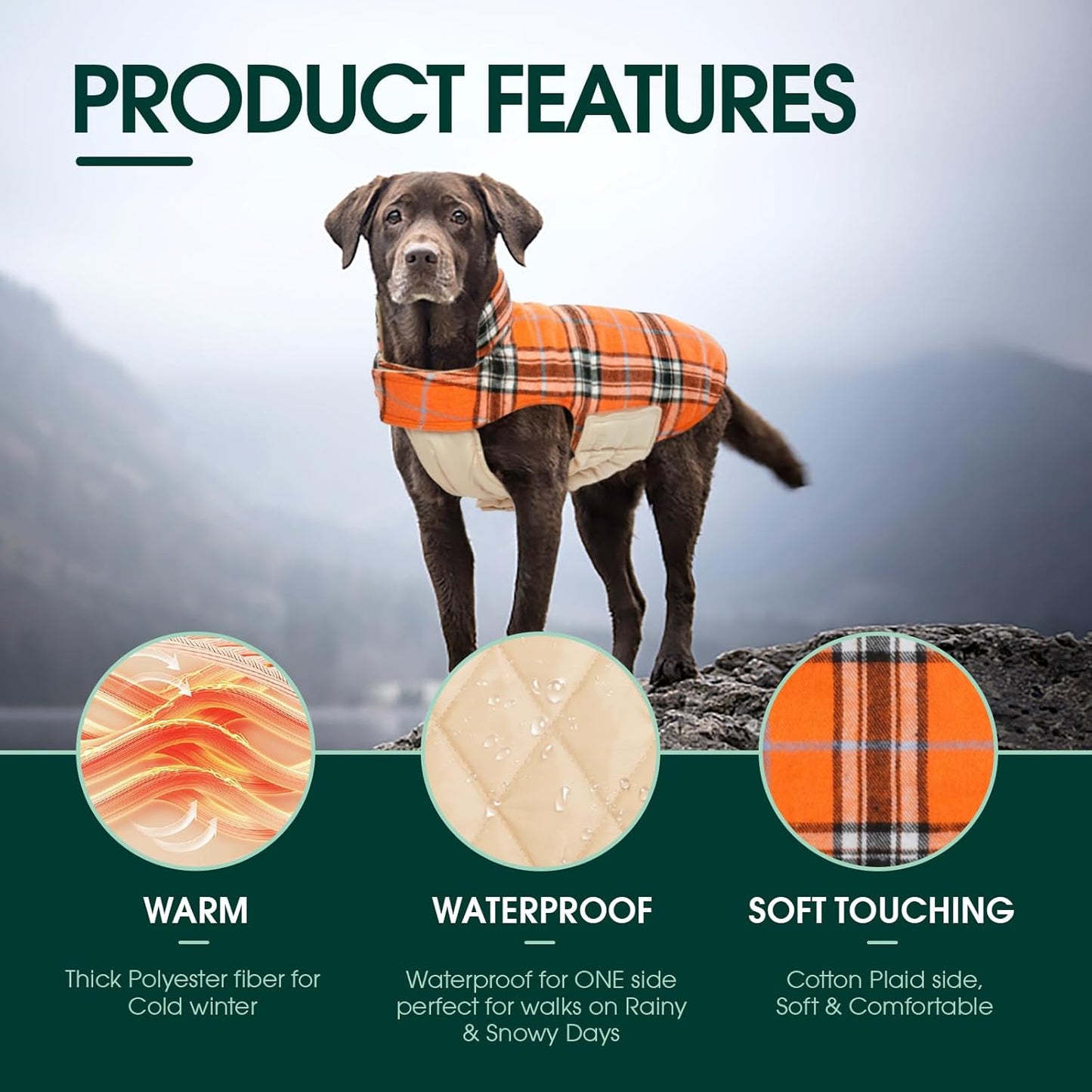 Kuoser Warm Dog Coat, Waterproof Dog Jacket for Extra Large Dogs, Adjustable Durable XL Doggie Winter Coat Reversible Cozy Puppy Cold Weather Apparel from Small to Large Breed, Orange XL