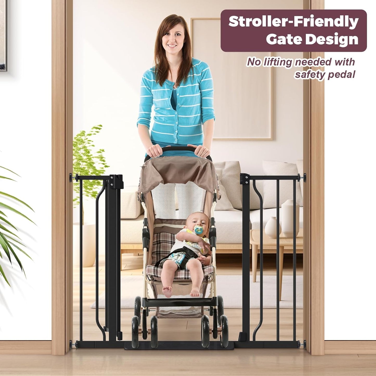 29"-40" Baby Gate for Stairs, Auto Close Stroller Friendly Dog Gate Indoor for Doorways, Pressure Mounted Baby Gate, Easy Walk Through Gate for Children & Pets, Black