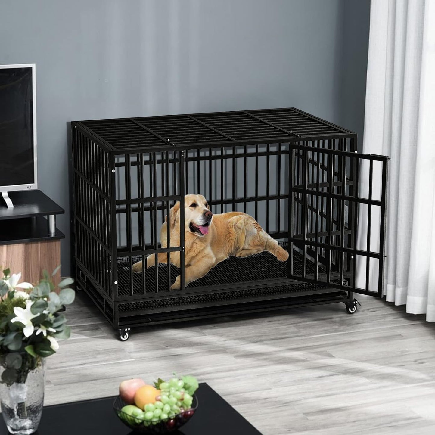 LEMBERI 48/38 inch Heavy Duty Indestructible Dog Crate, Escape Proof Dog Cage Kennel with Lockable Wheels,High Anxiety Double Door Dog Crate,Extra Large Crate Indoor for Large Dog with Removable Tray