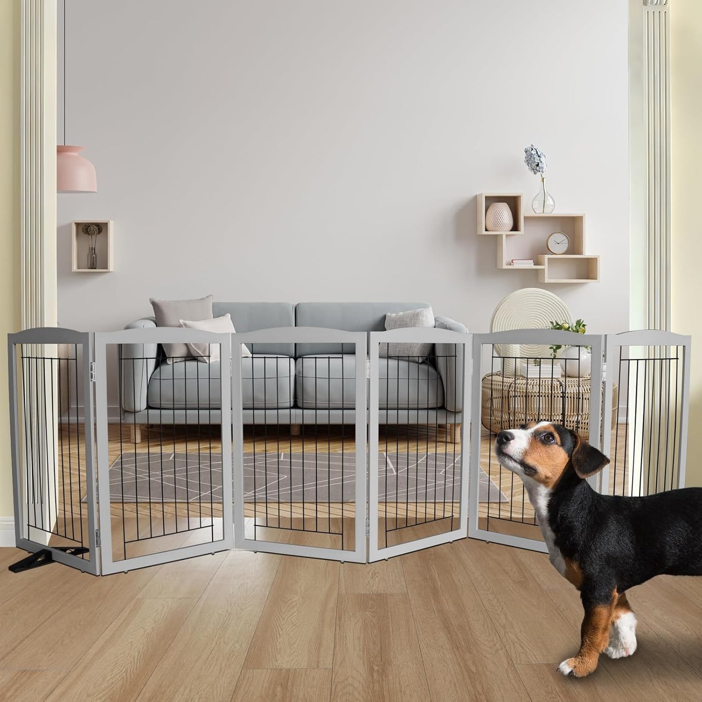 ZJSF Freestanding Dog Fence Indoor, Foldable Dog Gate for Doorways, Stairs or Hallways, Sturdy Wood Extra Wide Pet Gate with Support Feet for The House, Grey, 32 "Height-6 Panels