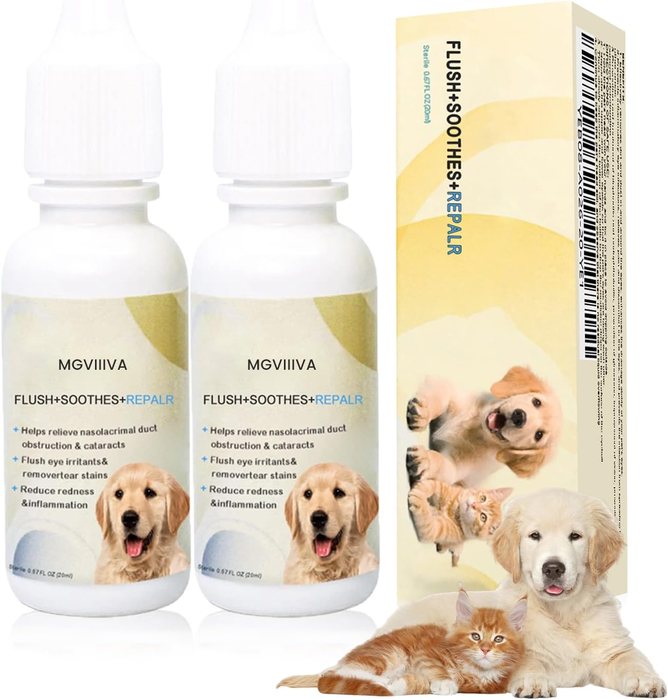 Eye Drops for Dogs, Cataract Dog Eye Drops for Relieving Itching and Irritation, Dog Eye Infection Treatment, Eye Drops for Dogs & Cats Removing Eye Dryness Pink Eyes Tear Stain Cleaner 2x20 mL