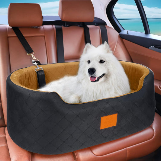 Dog Car Seat for Medium & Large Dogs up to 55 lbs, Elevated Booster Seat with Anti-Slip Base, Detachable & Machine-Washable Pet Car Bed for SUV/Sedan (Black/Brown)