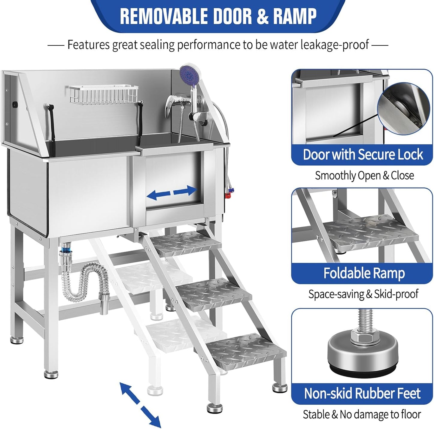 Stainless Steel Dog Washing Station for Large Dogs, Dog Grooming Tub for Home, Professional Dog Bathtub Bathing Station, Pet Wash Station, Dog Shower Tub with Stairs, Drain & Door,34" R-RAMP