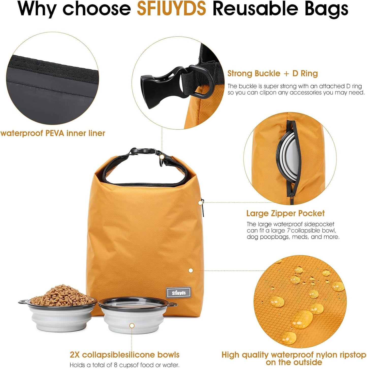 Dog Food Travel Bag w/2PCS Collapsible Dog Travel Bowls,dog food storage container 20 lb(Yellow, Large)