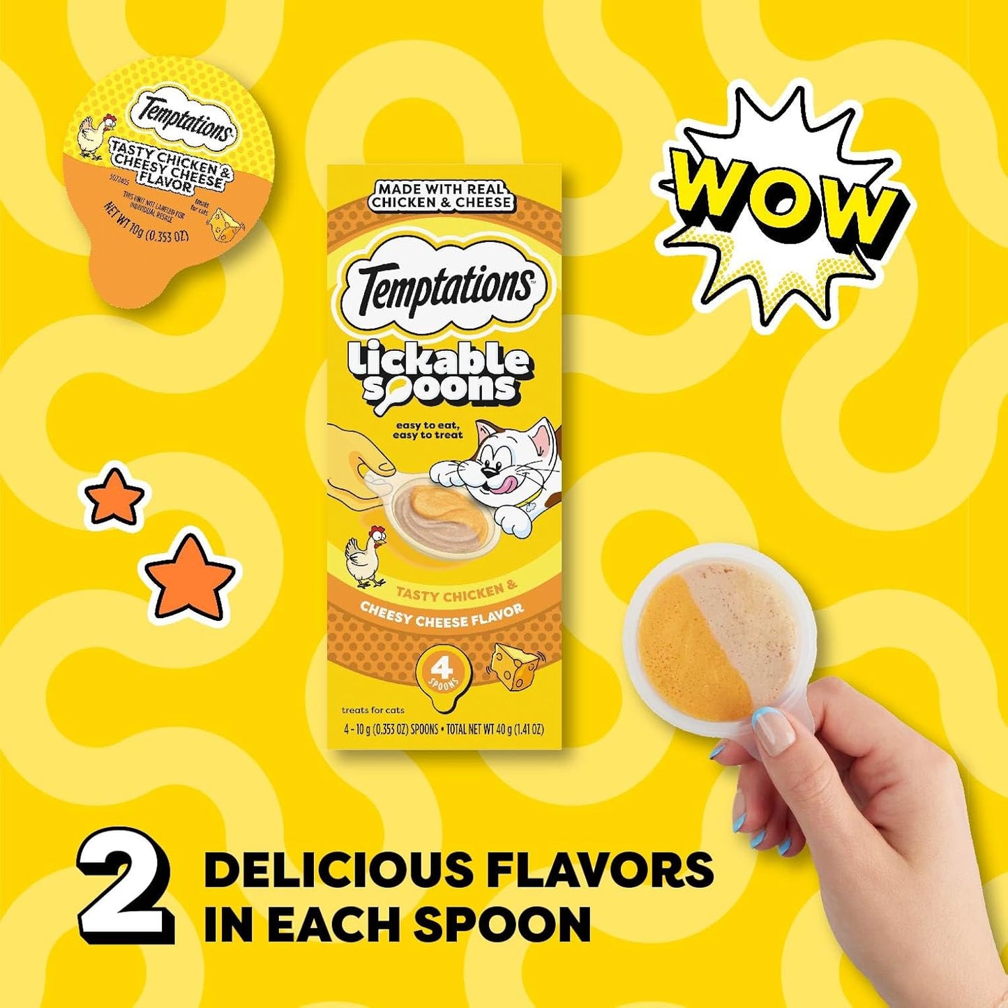 Temptations Lickable Spoons Adult Wet Cat Treat, Tasty Chicken and Cheesy Cheese Flavor, 4 Spoons, Pack of 24 (96 Total)