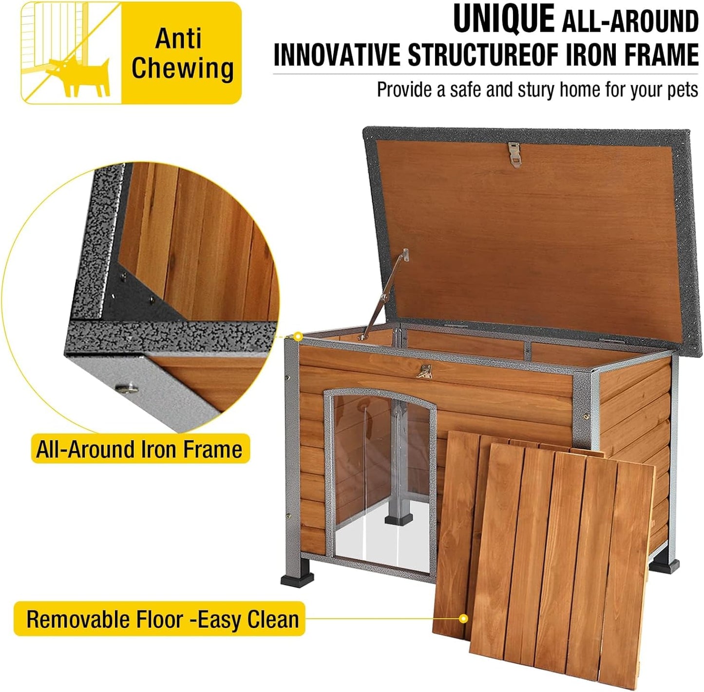 Aivituvin Dog House Outdoor & Indoor Unique All-Around Iron Frame Dog Kennel for Winter with Raised Feet Weatherproof for Small & Medium & Large Dogs
