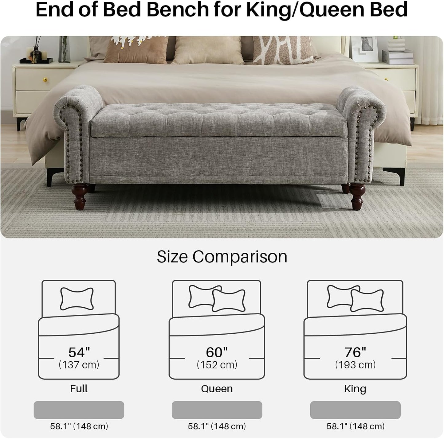 58.1'' Storage Bench Upholstered Chenille End of Bedroom Bed Bench Ottoman with Tufted Cushioned Rolled Arm Large Storage Space for Reading Living Room Entryway, Light Grey