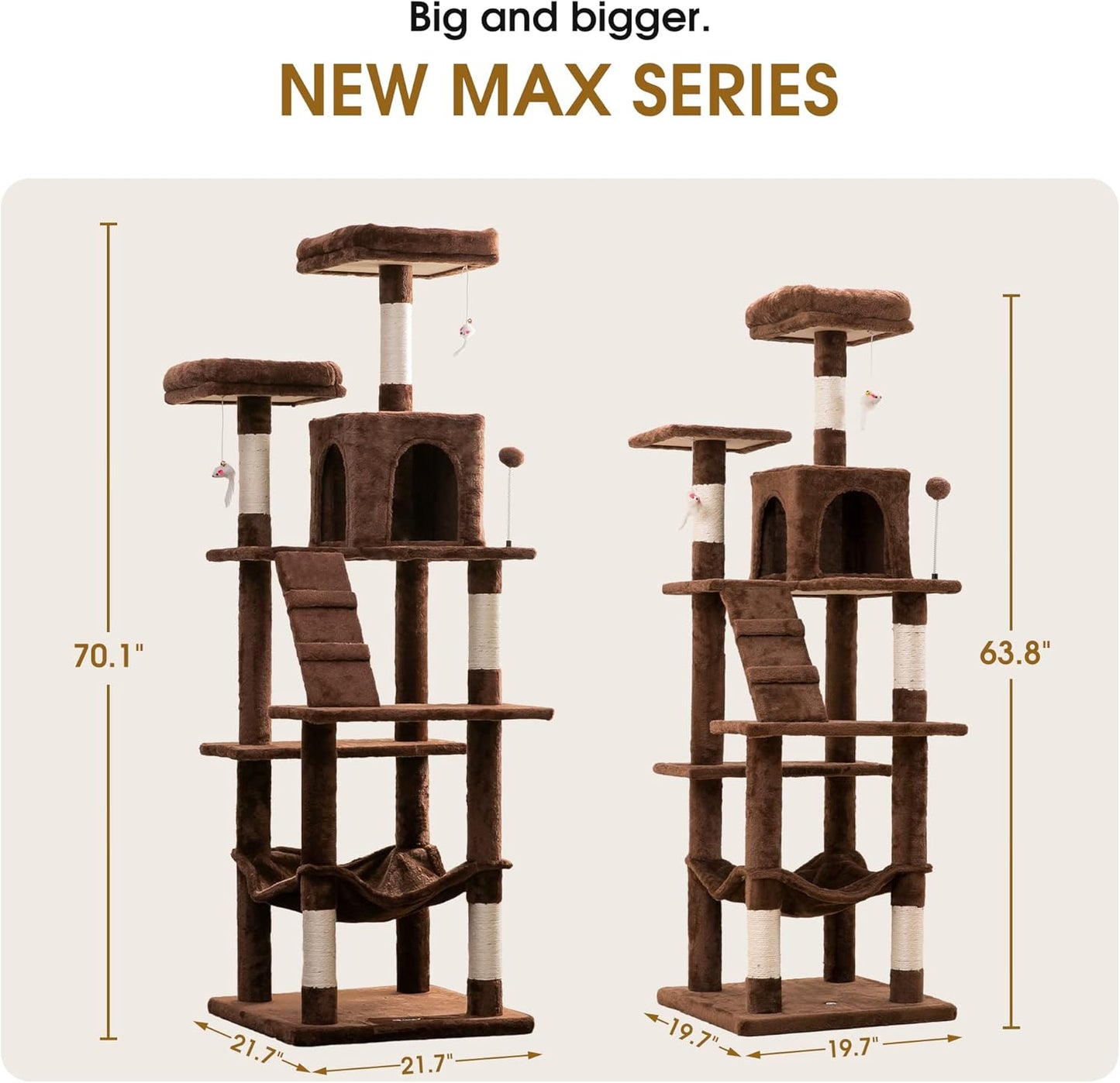 MWPO 70.1-Inch Large Cat Tree, Multi-Level Tall Cat Tower for Indoor Cats, Plush Cat Condo with Big Padded Perches, Sisal-Covered Scratching Posts, Hammock, Toys for Kittens & Cats - Brown