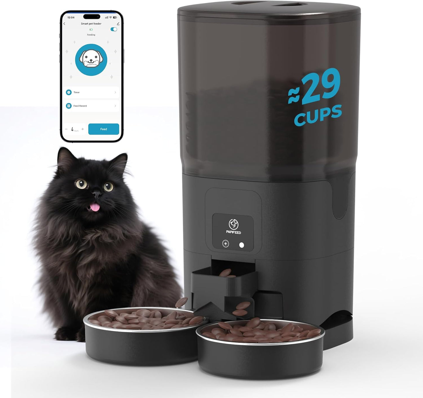 PAPIFEED 7L Automatic Cat Feeder for 2 Cats - 2.4G WiFi Timed Auto Feeder with APP Control, Cat Food Dispenser with Alexa for Multiple Cats, Detachable for Easy Clean, 1-10 Meals Per Day - Black