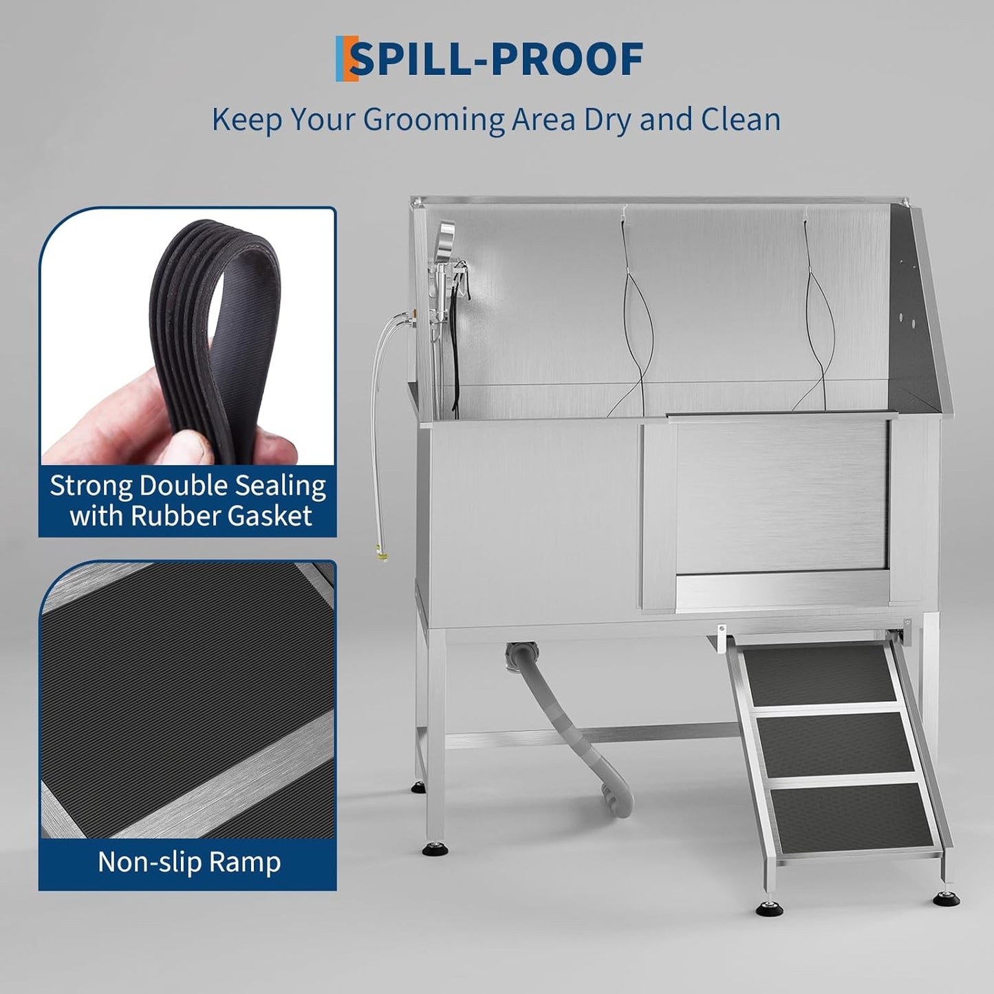 50" Stainless Steel Professional Dog Washing Station - Pet Bathing Tub w/Non-Slip Ramps | Slip-Resistant Floor Grate | for Large/Medium/Small Dogs