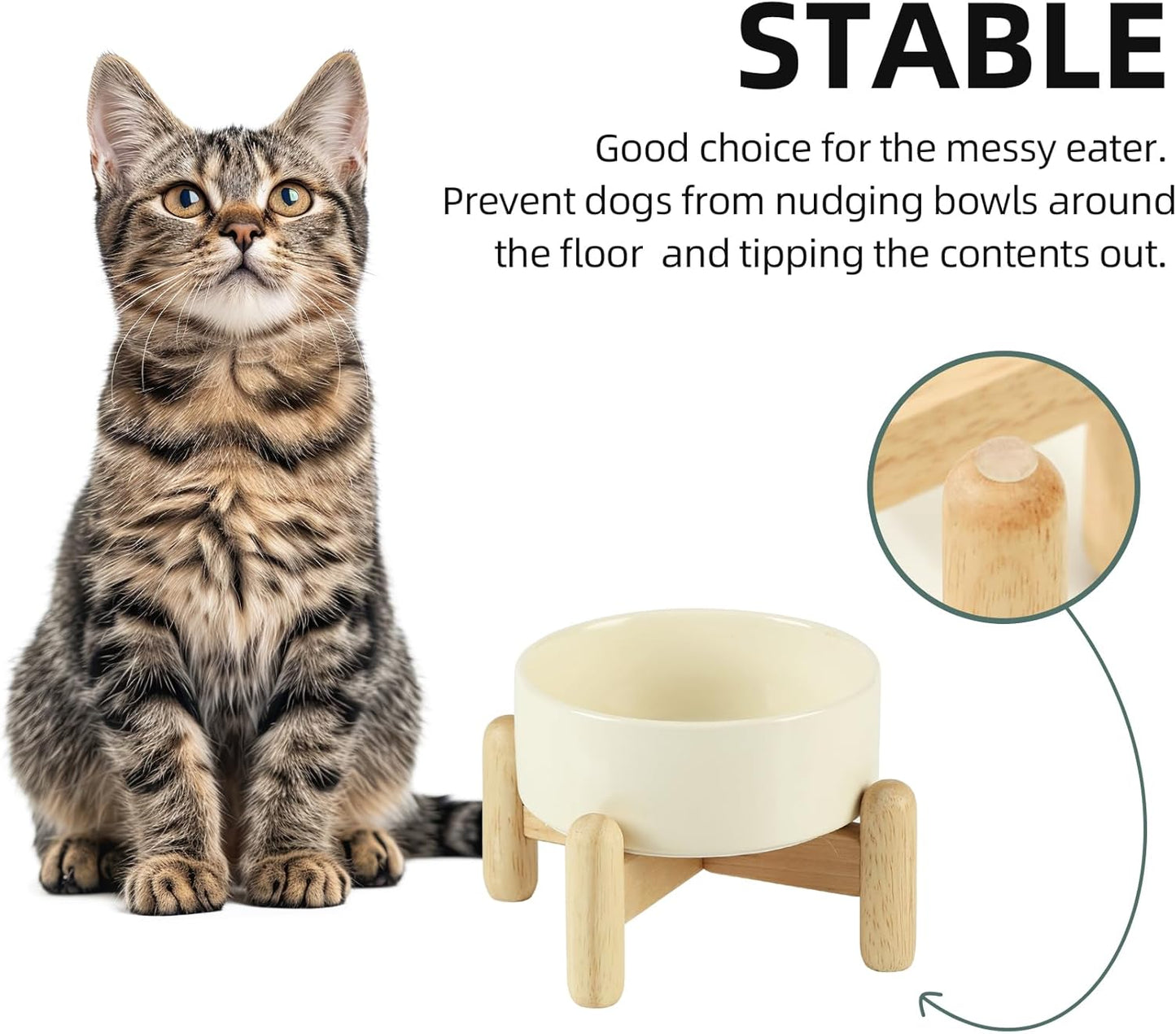 Ceramic 5.1inch Raised Dog and Cat Bowl Set, Elevated with Wooden Stand, Food and Water Bowl for Small Breed Dogs, Cats, Kitty, Weighted Dog Dishes, Pet Bowls(13.5oz, Beige)