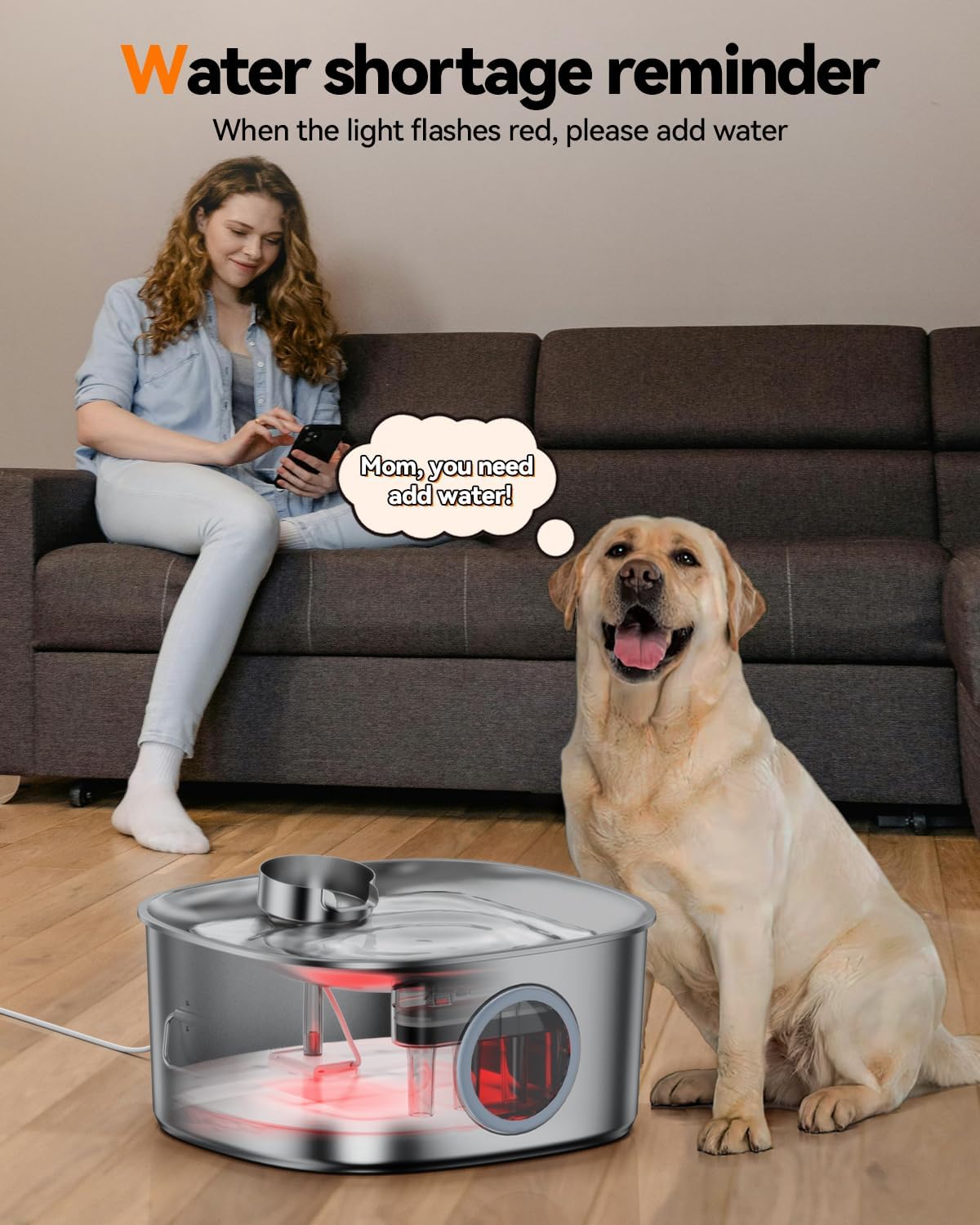 Dog Water Fountain Stainless Steel, 11L/2.8Gal Large Pet Fountain for Large Dogs Inside, Dog Fountain Water Bowl Dispenser with Visible Window & LED, Ultra Quiet for Multi-Pet (Filters)