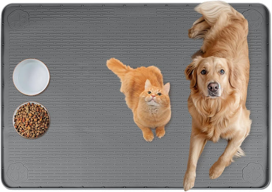 Cat Food Mat, 40" x 28" Extra Large Silicone Pet Feeding Mat with Raised Edge Pet Placemat for Food and Water Bowl Non-Slip, Easy to Clean, Floor Protection (Dark Grey)