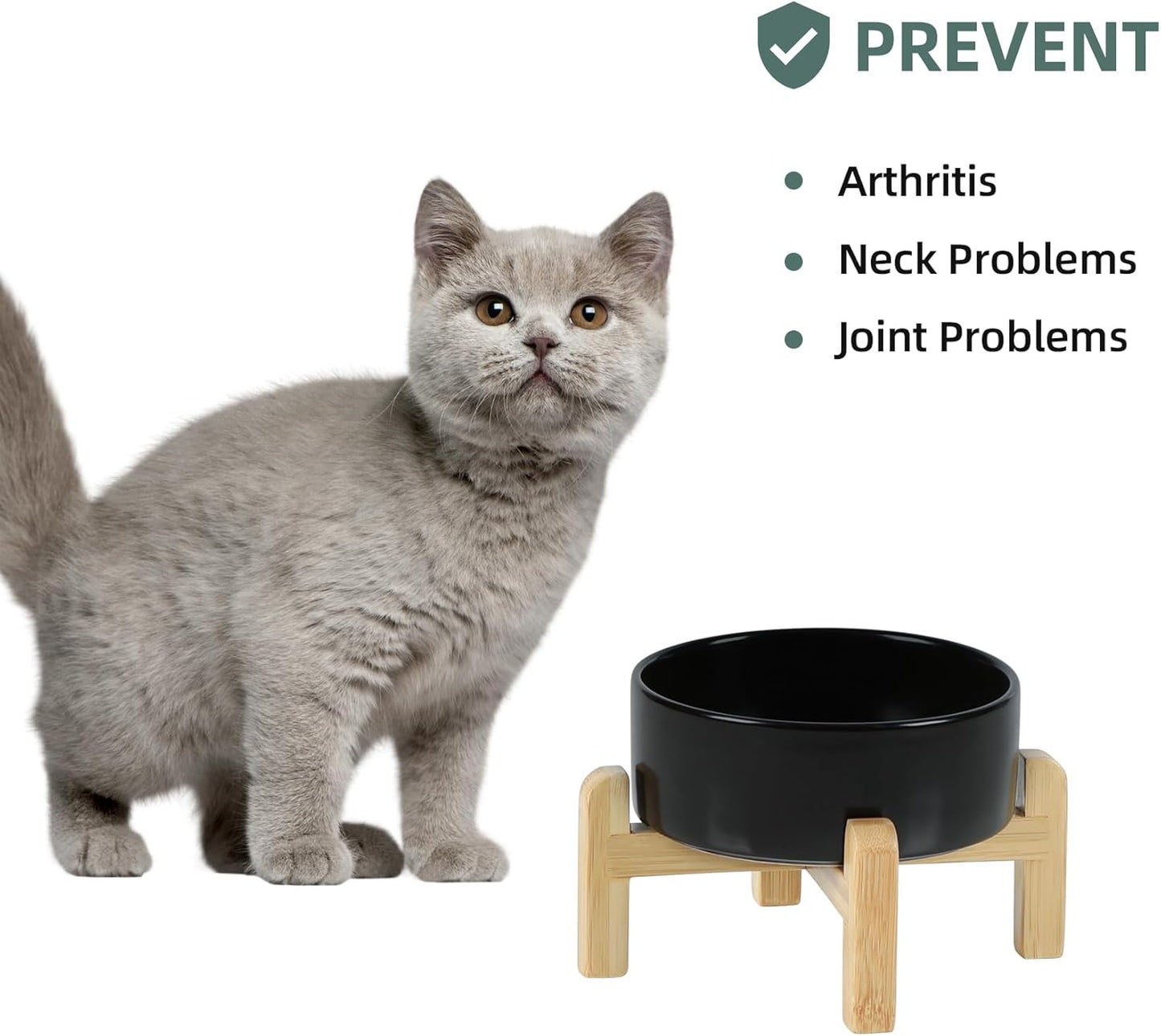 Ceramic Raised Dog and Cat Bowl Set, 2 Heights Elevated Stand, Food and Water Bowl for Small Breed Dogs, Cats, Kitty, Weighted Dog Dishes, Pet Bowls(5.1'',13.5oz, Black)