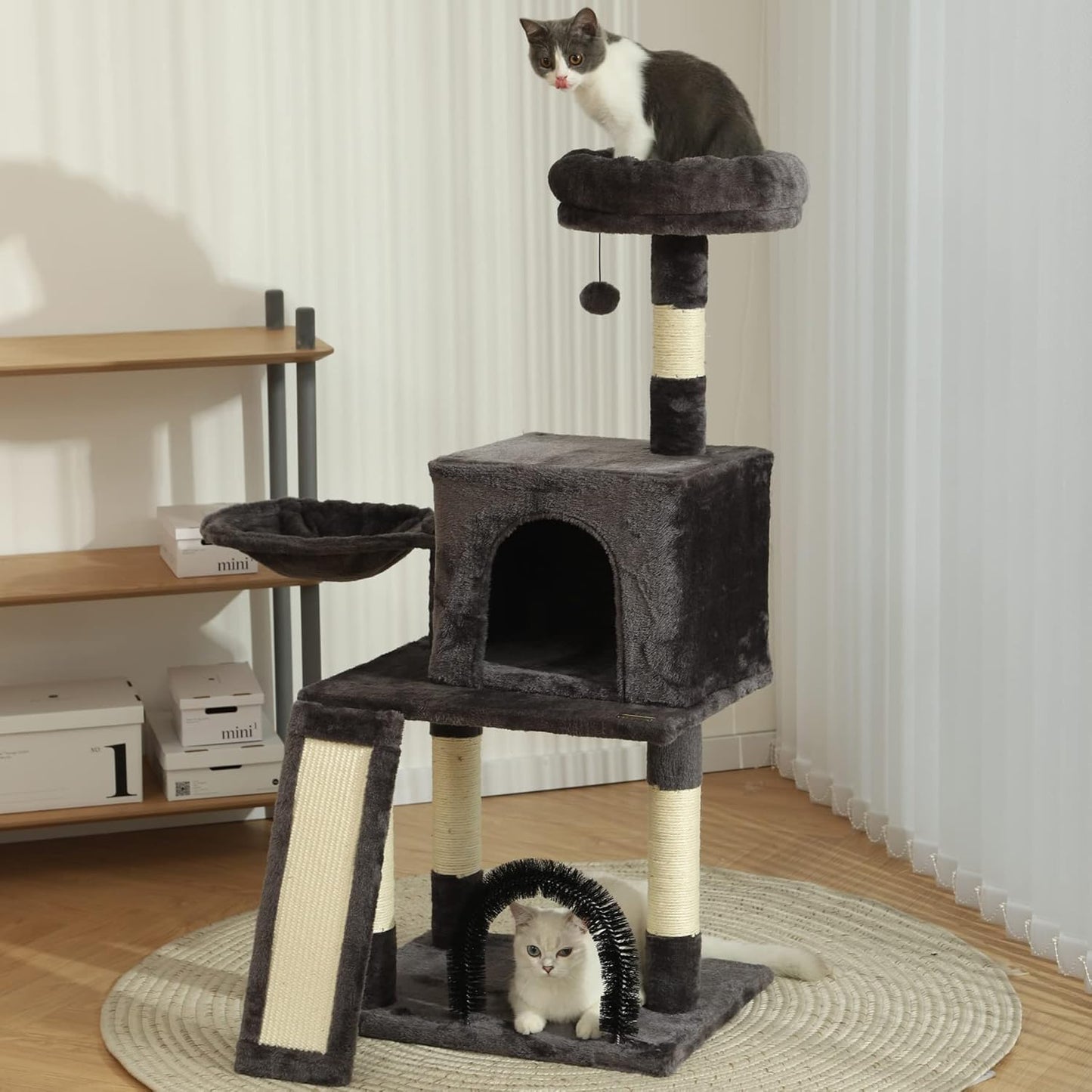 HOOPET 44IN Cat Tree for Indoor Cats - Multi-Level Cat Tower with Hammock, Condo, Scratching Posts, Self-Grooming Brush & Play Ball - Space-Saving Cat Furniture for Small Apartments