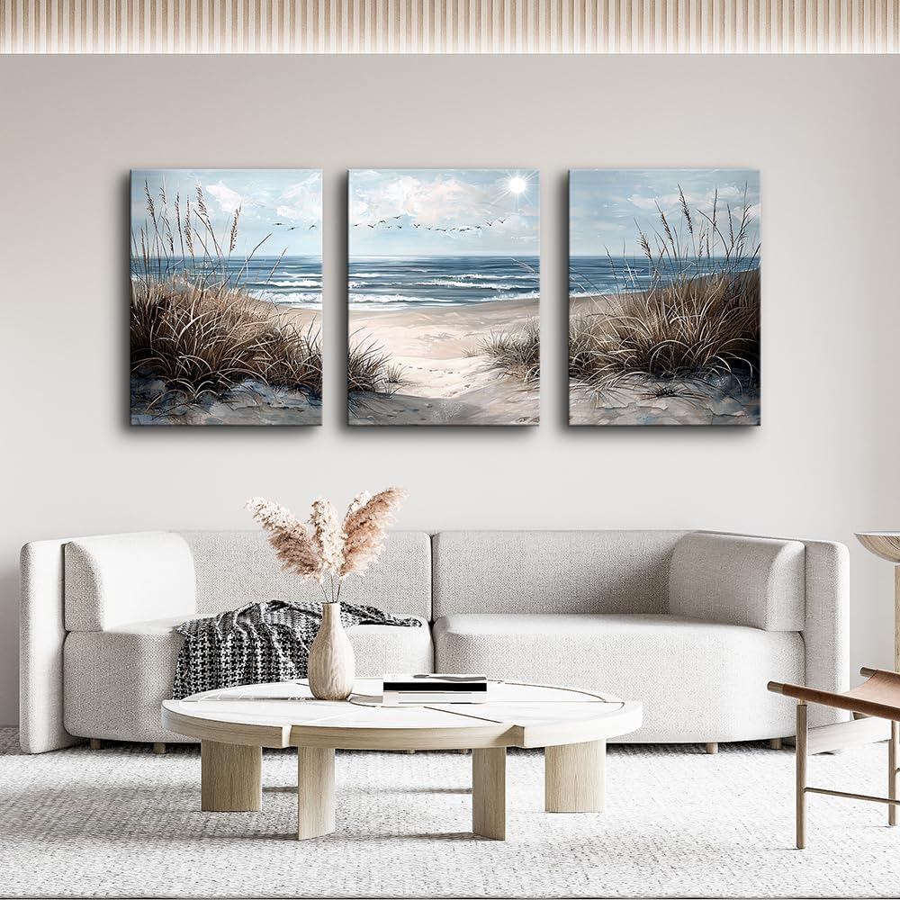 TTHYUEWS Canvas Wall Art For Living Room Wall Decor For Bedroom Modern Office Canvas Art Office Decor Blue Sea Beach Wall Paintings Prints Pictures Artwork Ready To Hang Home Decor 16" X 24"3 Piece
