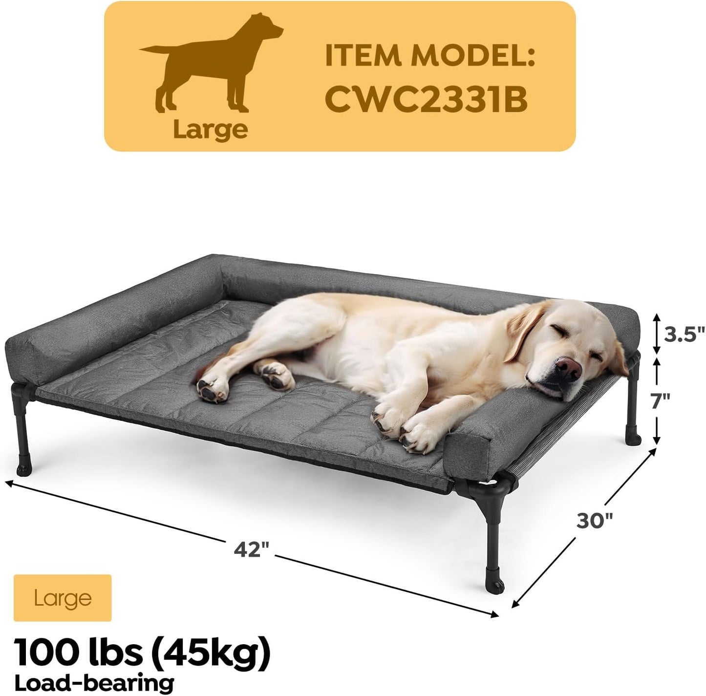 Veehoo Cooling Elevated Dog Bed Add Removable Waterproof Bolster Cushion Mat, Raised Pet Cot with Breathable Teslin Mesh, No-Slip Feet, Dog Couch Bed for Indoor Outdoor, Large, Black Silver