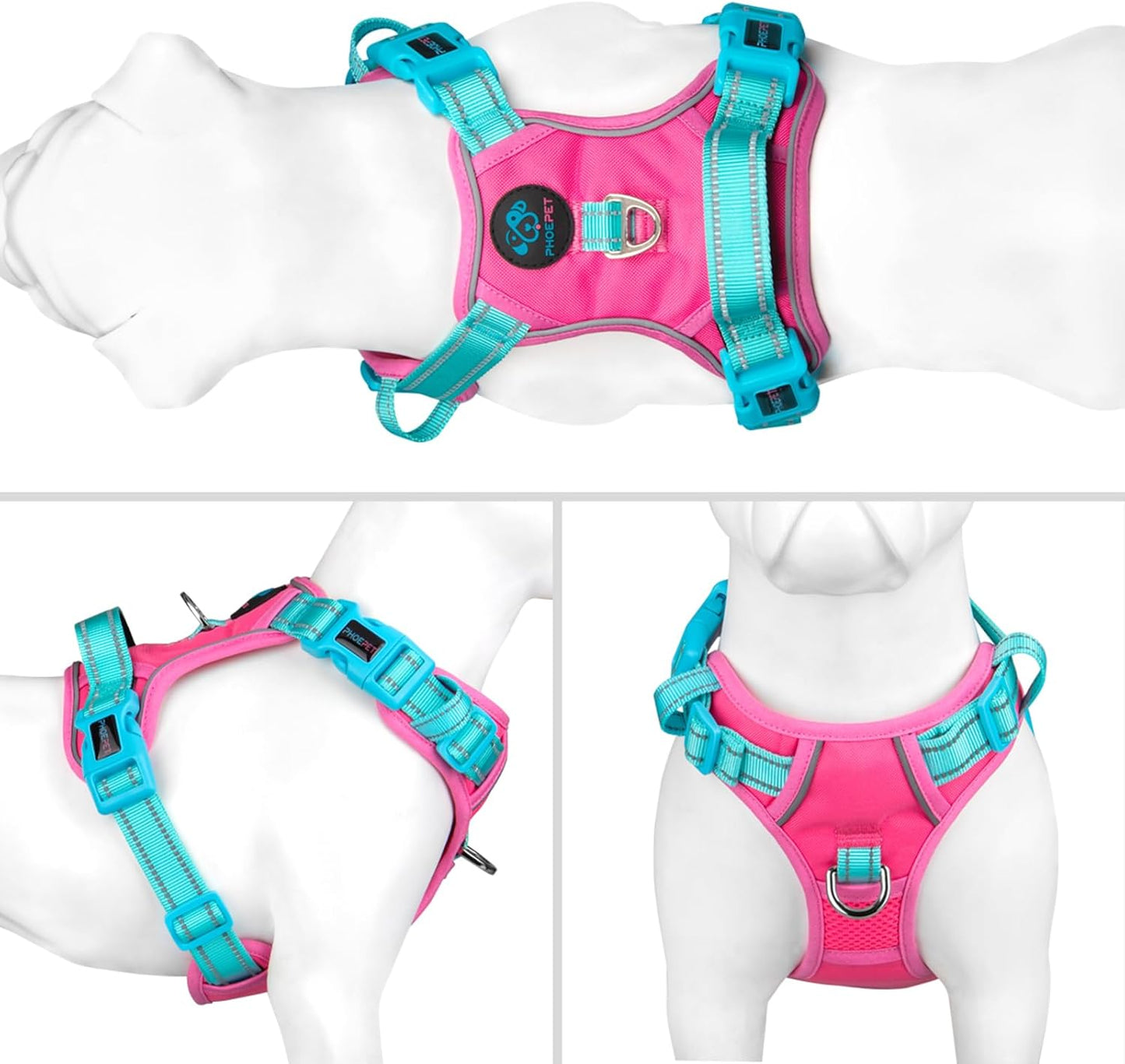 PHOEPET No Pull Dog Harness, Unique Colors Reflective Adjustable Dog Vest, with Soft Training Handle Metal Clips for Small Medium Large Dogs (Pink Base & Green Straps,L)