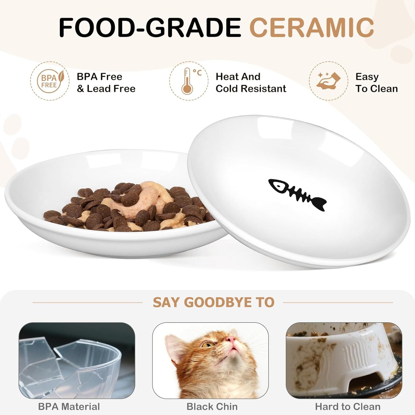 TRUVIC 4 Pack Ceramic Cat Food Bowls, 5.9 Inch Ceramic Cat Dishes Set for Indoor Cats and Small Dogs, Anti Whisker Fatigue Kitten Bowls, Wide Shallow Kitten Plates for Food and Water (Fishbone)