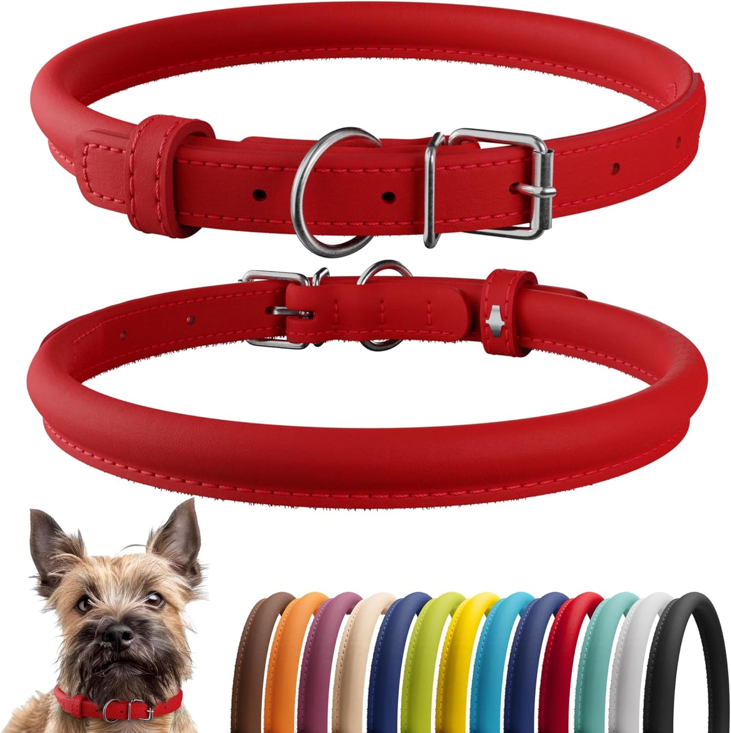 CollarDirect Rolled Leather Dog Collar, Soft Padded Round Puppy Collar, Handmade Genuine Leather Collar Dog Small Large Cat Collars 13 Colors (6-7 Inch, Red Smooth)