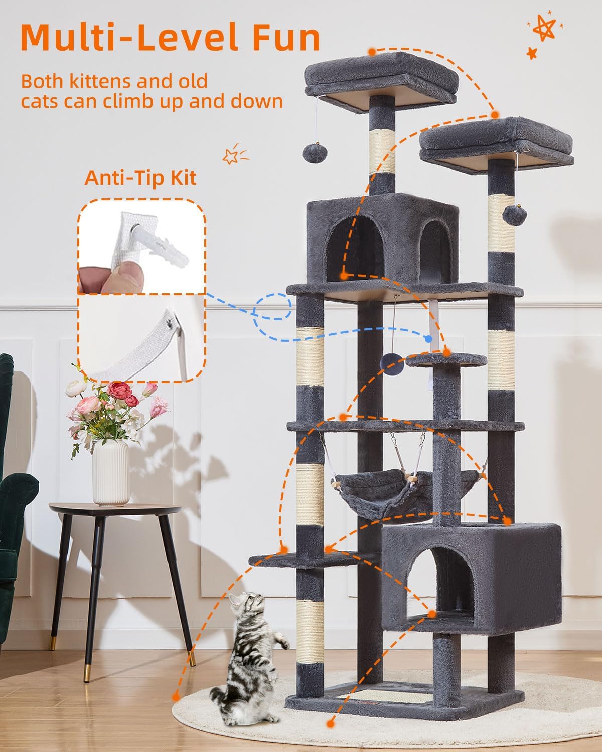Taoqimiao Cat Tree, 68-Inch Cat Tree Cat Tower for Indoor Cats, Plush Multi-Level Cat Condo with 6 Scratching Posts, 2 Perches, 2 Caves,Hammock, 3 Pompoms,MS020SG Smoky Gray