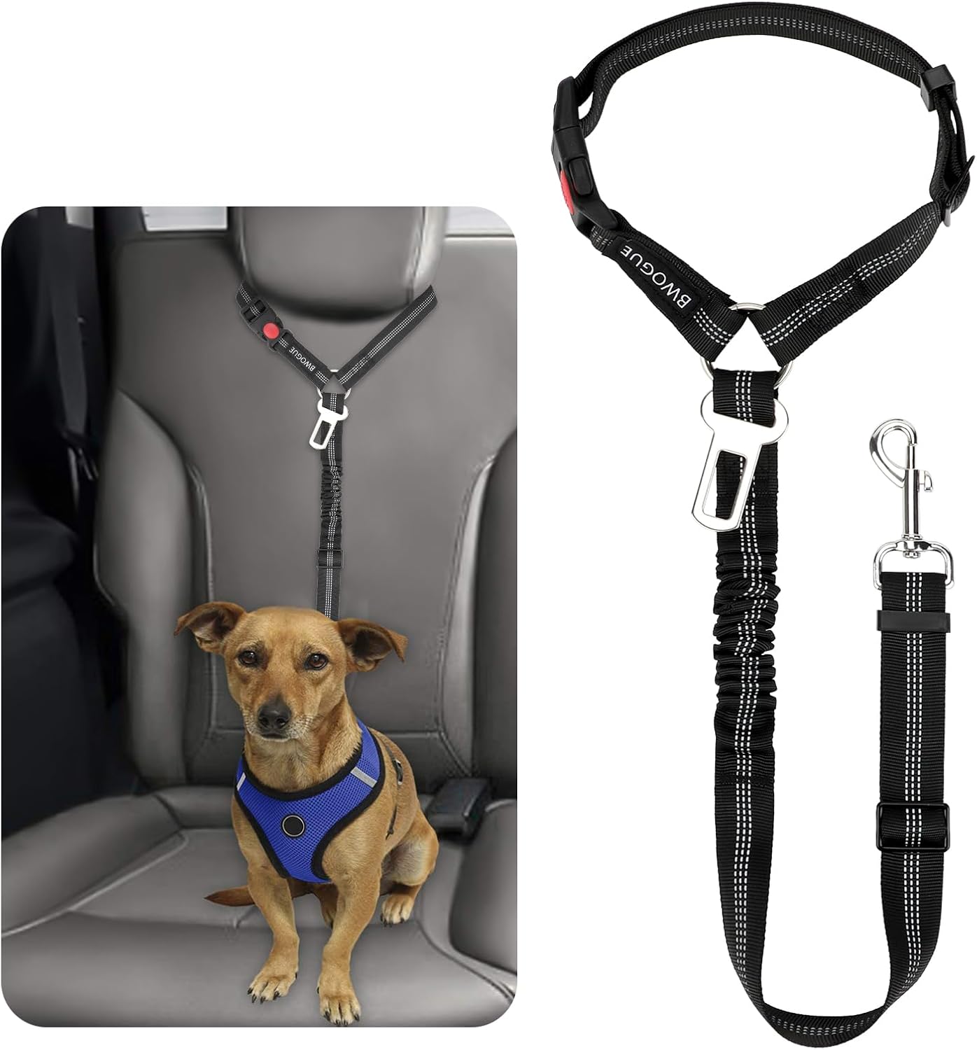 BWOGUE Pet Dog Cat Seat Belt Reflective Car Dog Headrest Restraint Leash Elastic Buffer Bungee Adjustable Tangle-Free Safety Leads Vehicle Seatbelt Harness for Small, Medium and Large Dogs (1 Pack)
