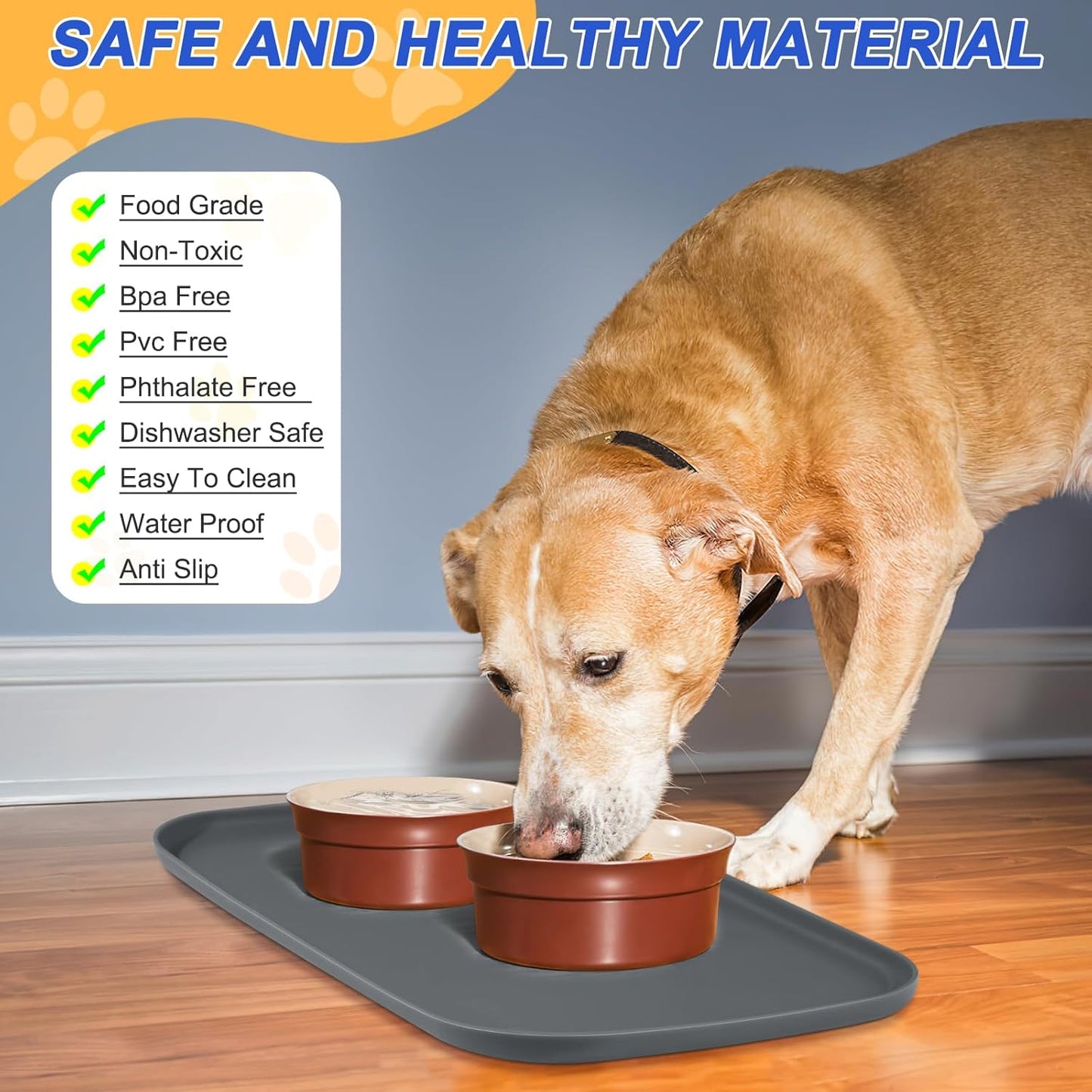 Silicone Pet Feeding Mat with Raised Edge for Food and Water, Dog Bowl Mats, Cat Bowls Placemat with High Lip for Floor Waterproof, Rubber Tray for Cats and Dogs 24 x 16 x 0.8 Dark Grey