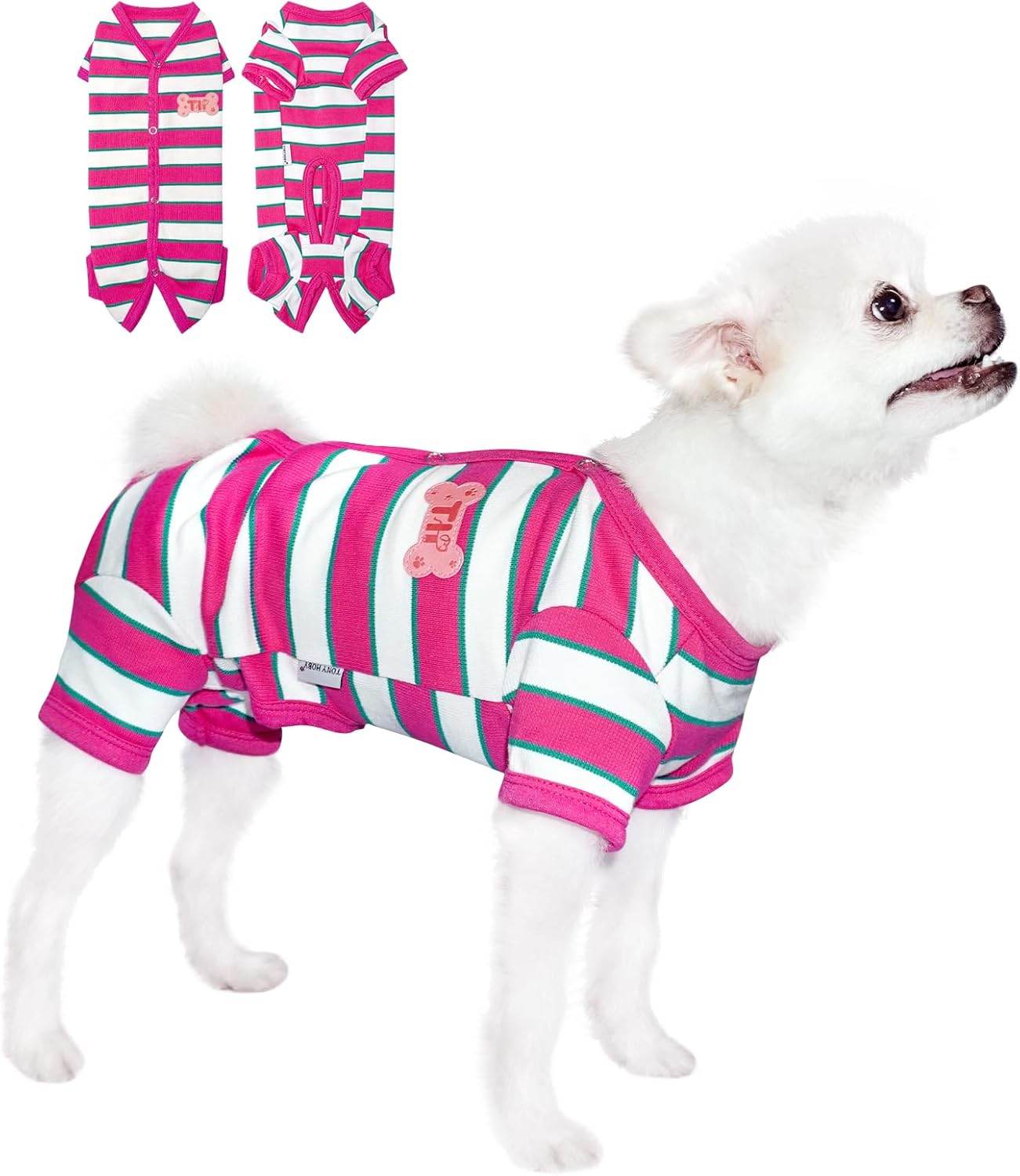 TONY HOBY Male Dog Pajamas, Dog Jumpsuit with Rose Red Stripe, Colorful Dogs Shirt for Small Medium Dogs (Rose Red&White, Boy, S)
