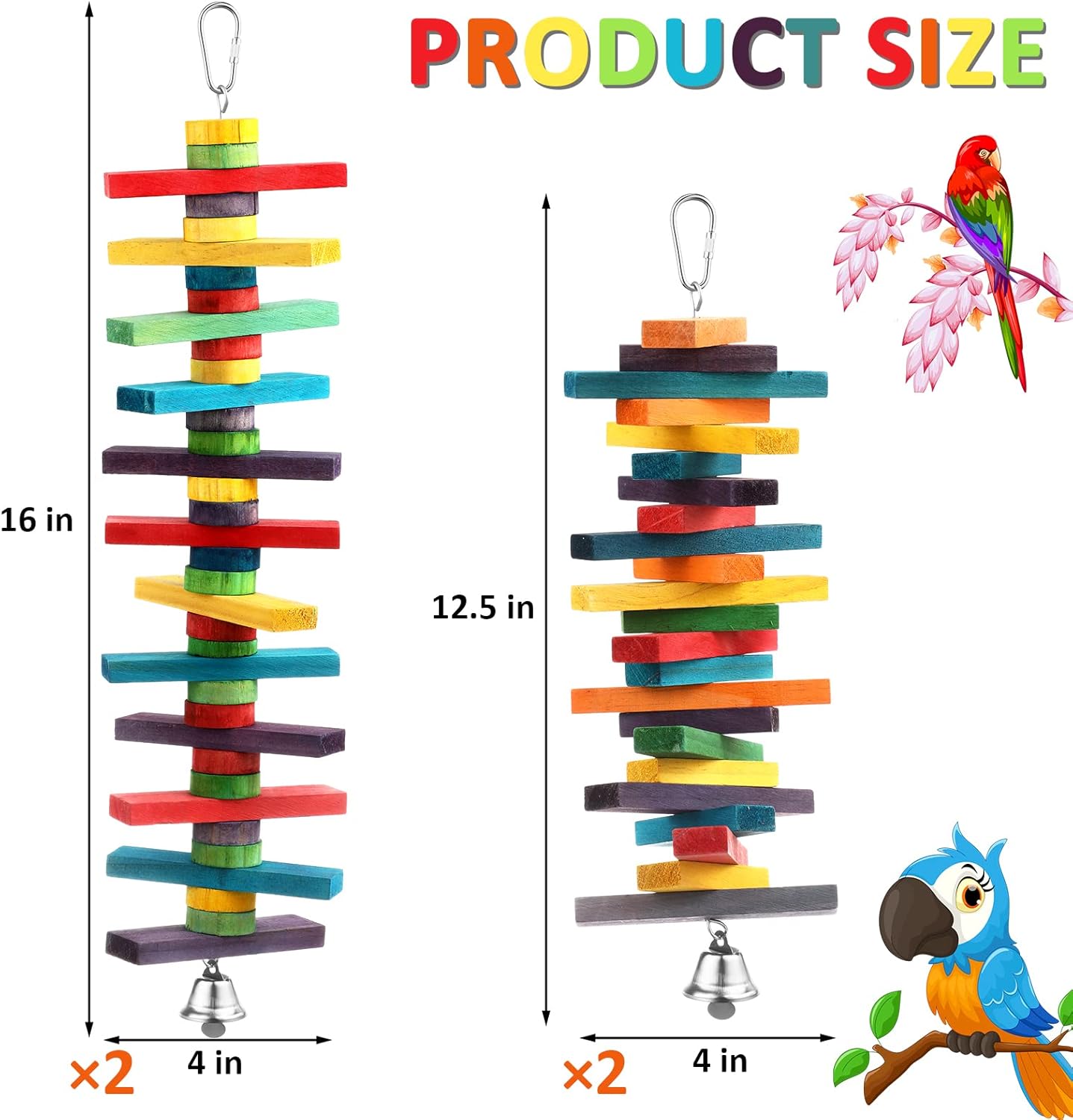 JaGely 4 Pcs Bird Parrot Toys with Multicolored Natural Wood Blocks, Bird Chew Toys for Large Medium Parrots Macaws Lovebirds Doves Cockatiels Conures Parakeets Chewing Biting Foraging, 2 Designs