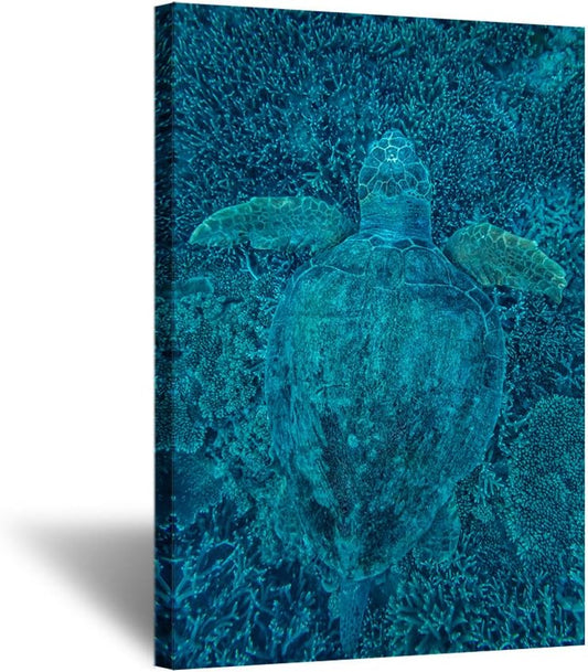 KREATIVE ARTS - Green Turtle Hidden in Coral Canvas Prints Sea Wall Art Underwater Sea Painting Print On Canvas Animal Pictures Framed Artwork For Home Office Decoration Gift 24x36inch